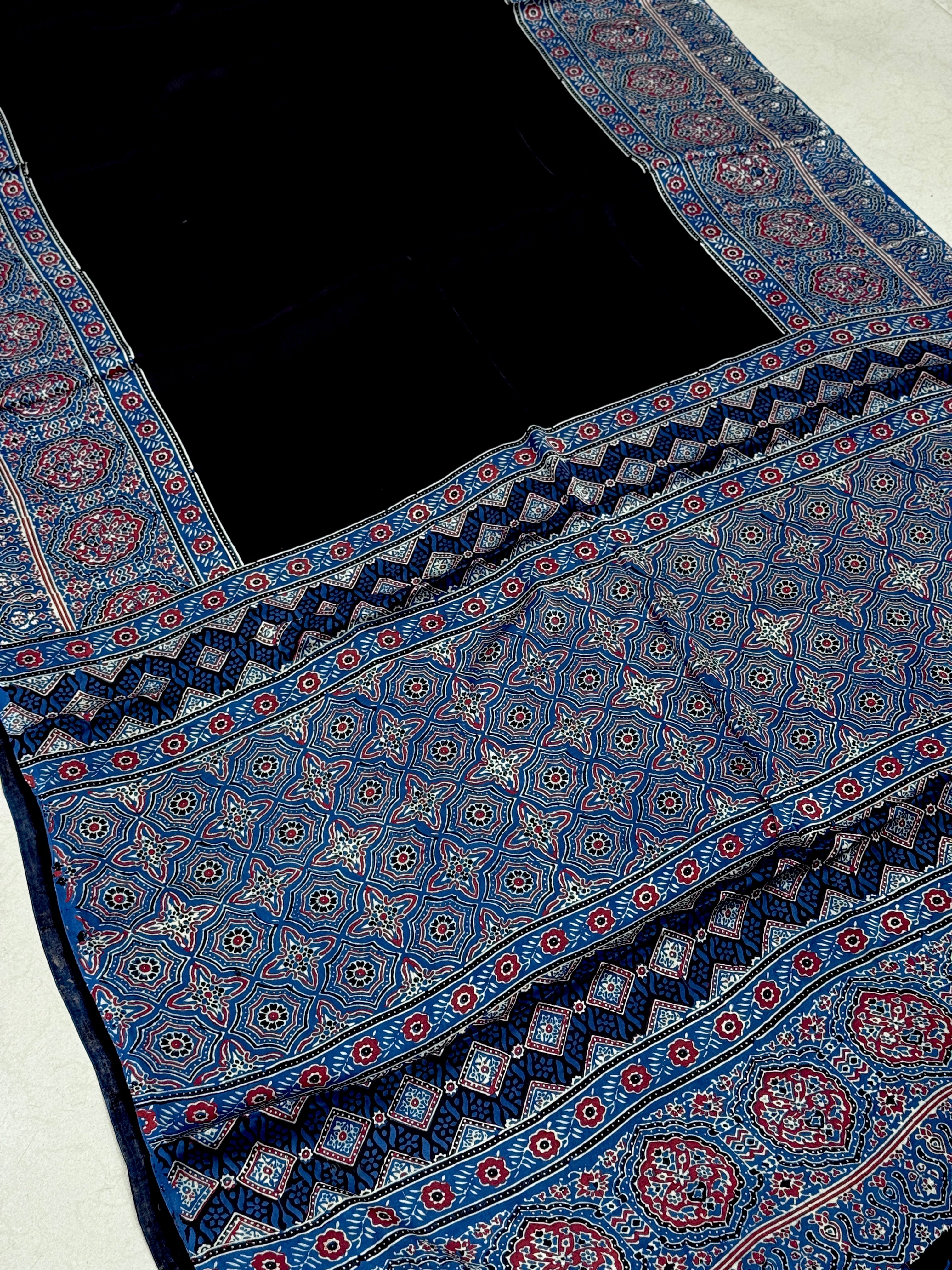 Black Plain Border Hand Block Print Ajrkah Pure Gajji Silk Saree