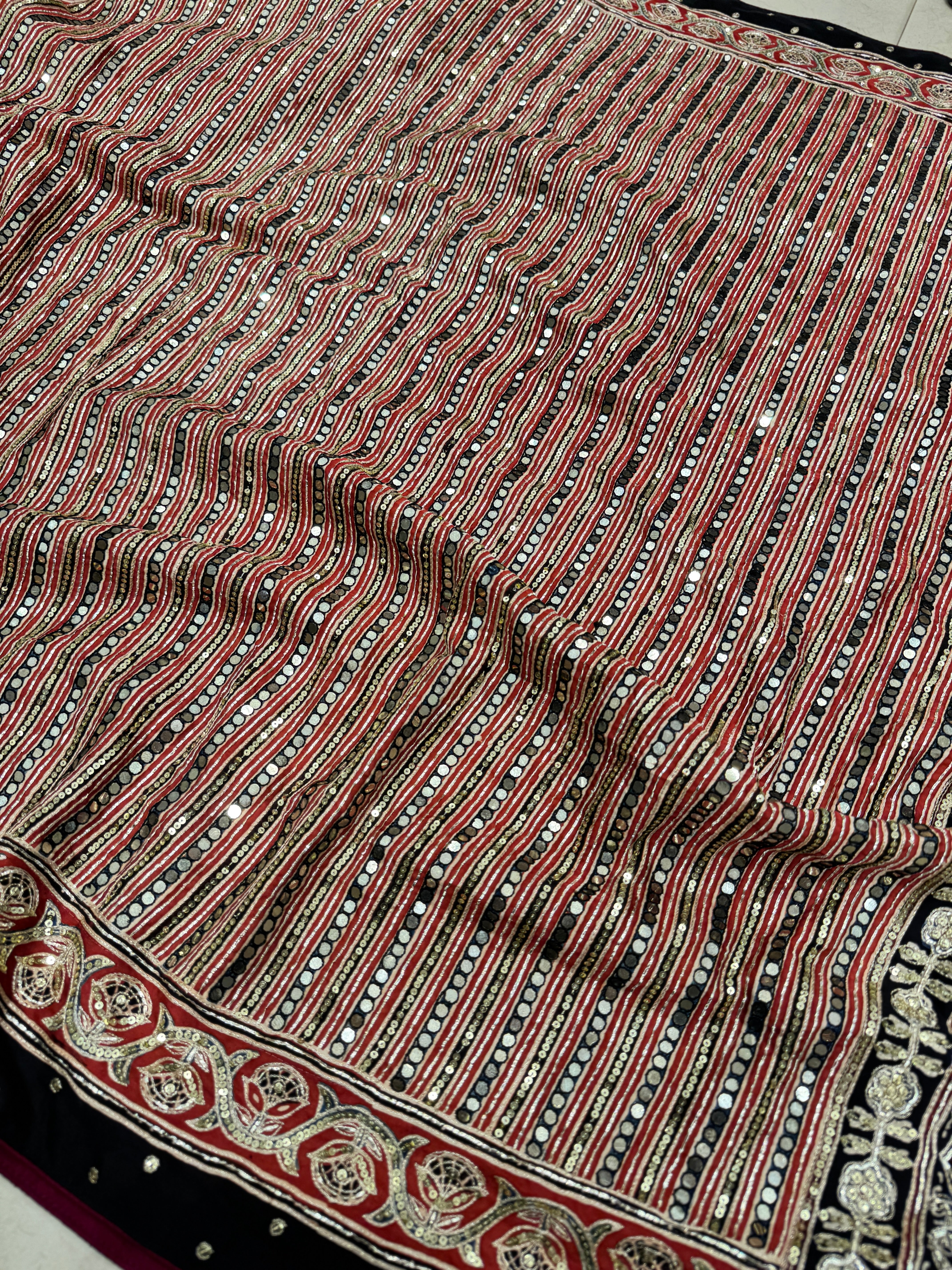 Red Contemporary Mirror Ajrakh Hand Embroidery Saree