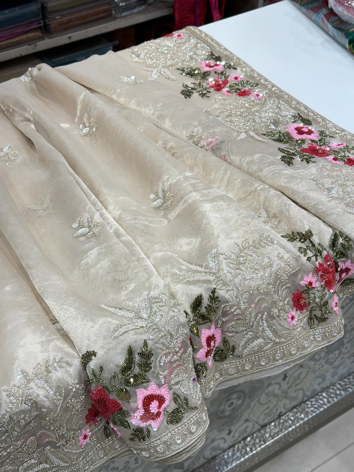Silver Pure Tissue Silk Sequin Zardosi Three D Hand Embroidery Floral Border Saree