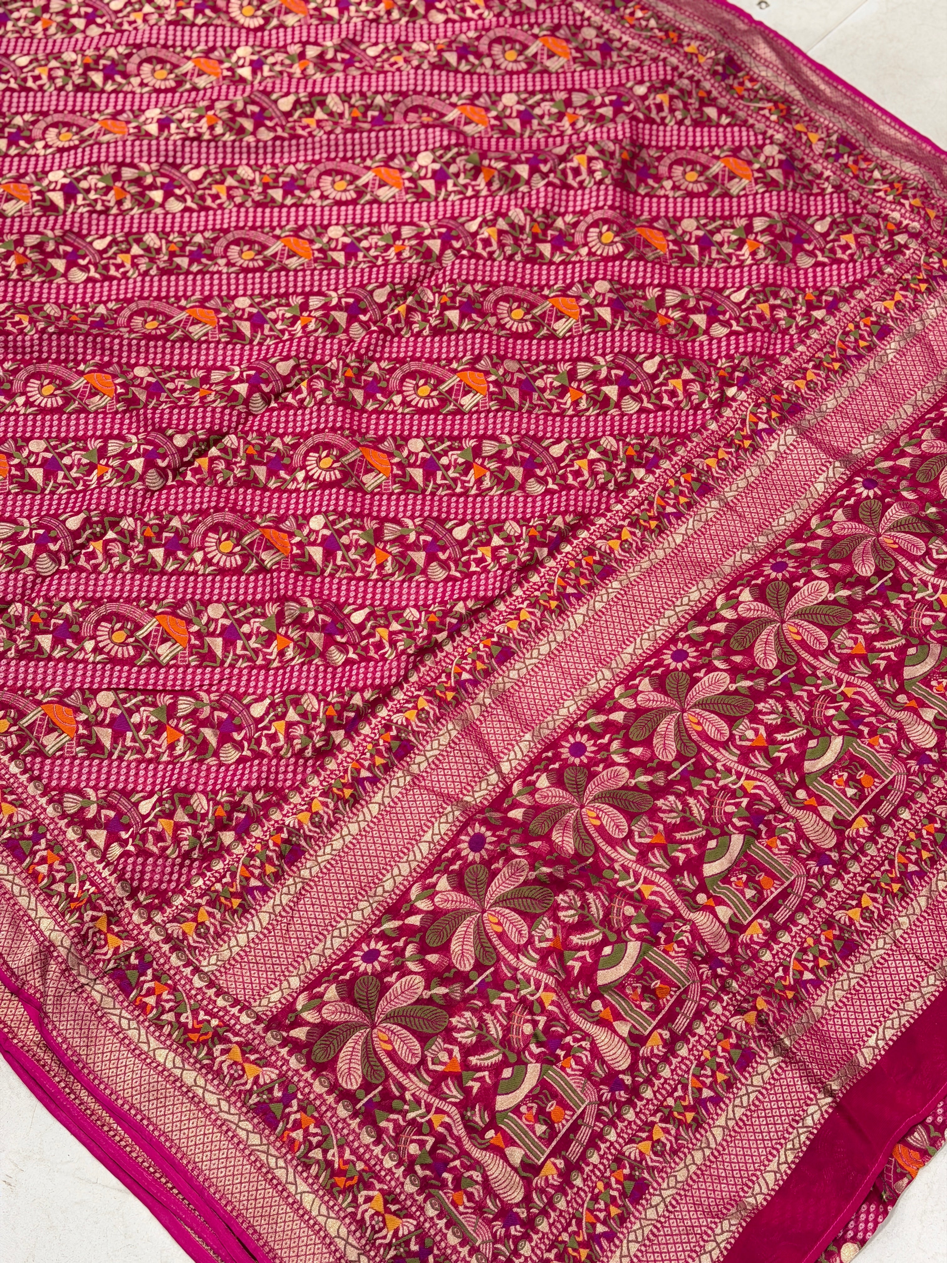 Rani Pink Warli Style Woven Bandhej Georgette Saree