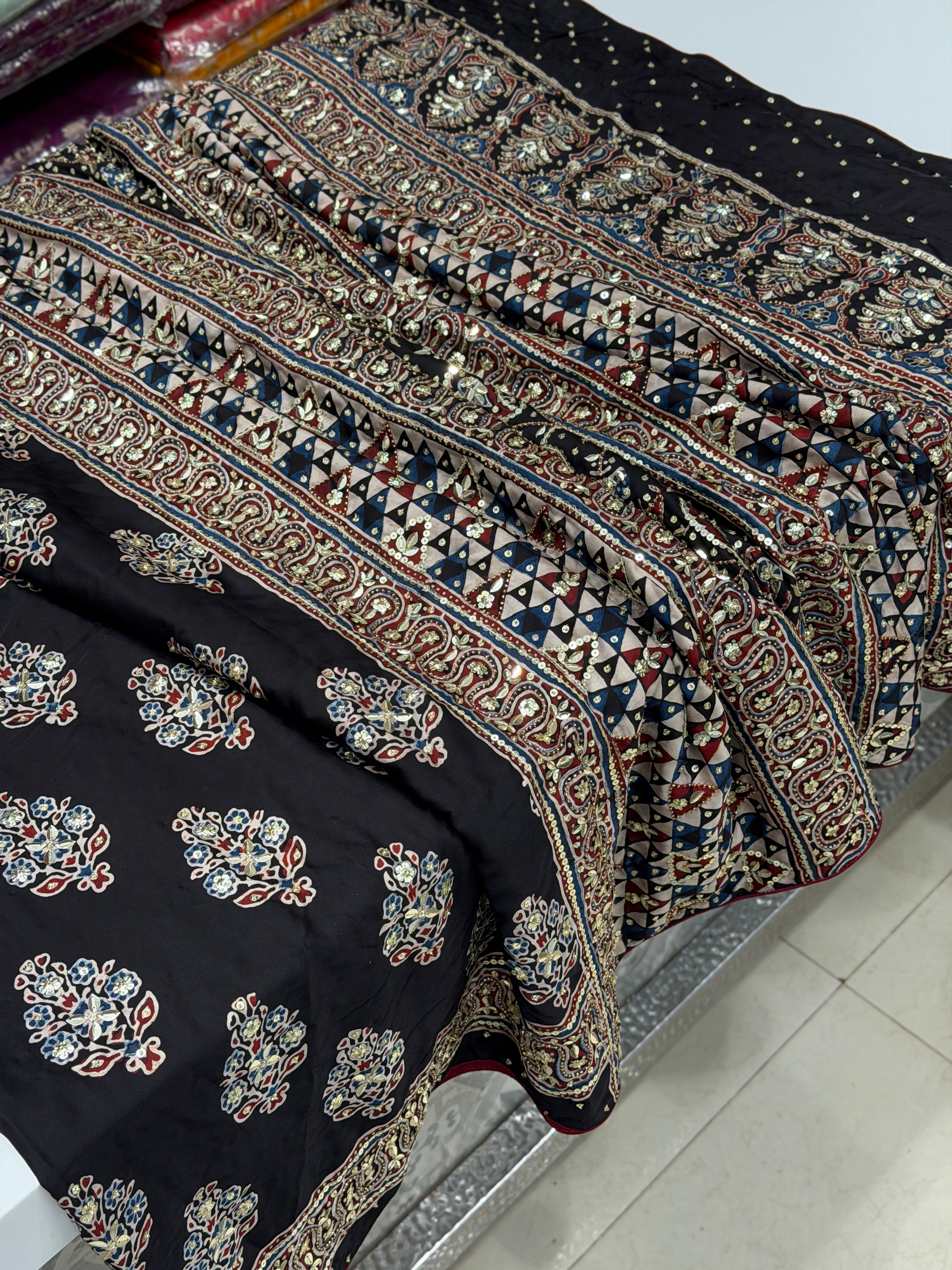 Black Buttas Ajrakh Sequin Moti Hand Embroidery Saree