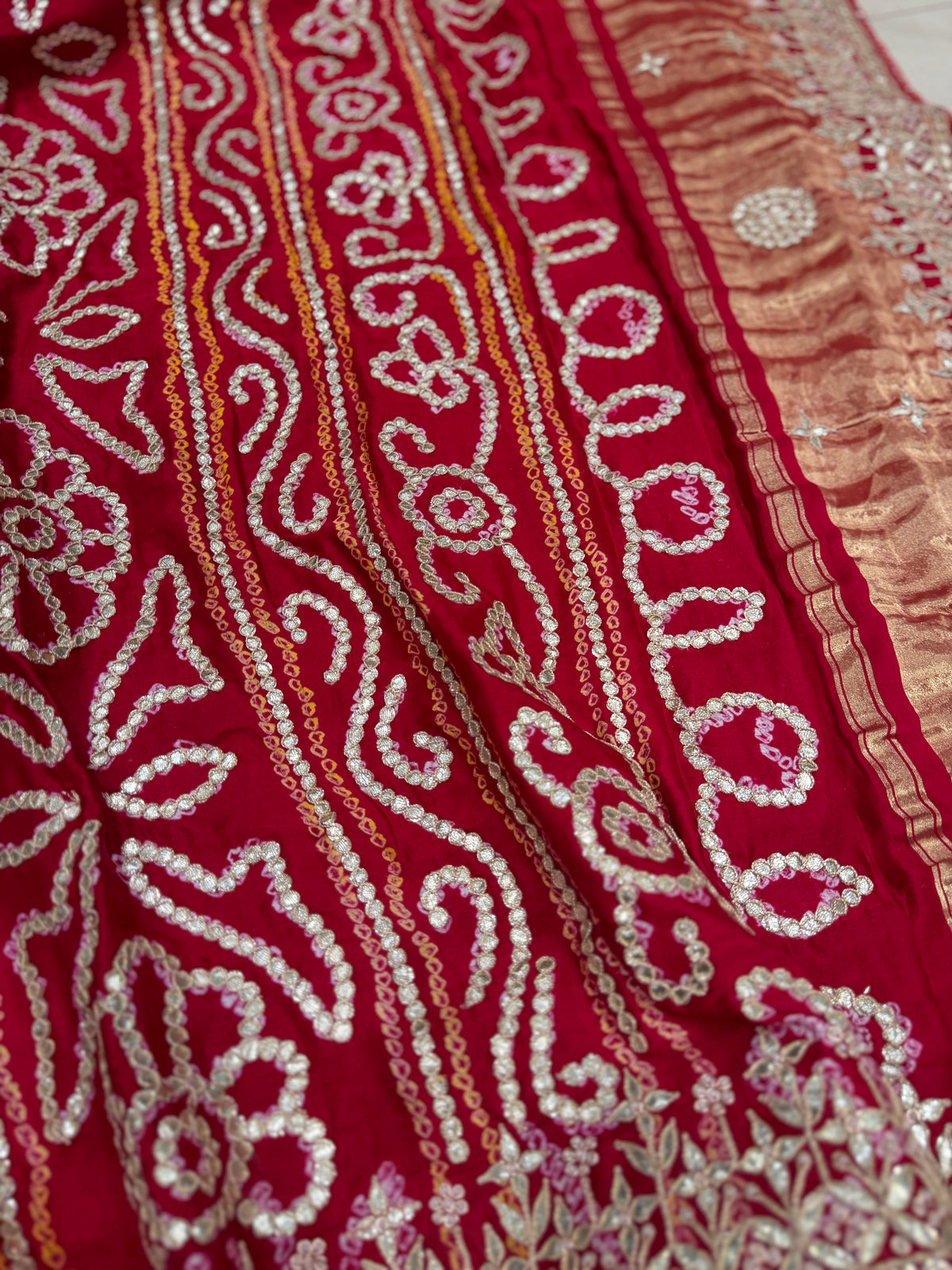 Red Gajji Silk Gharchola Rai Bandhej Gotapatti Marodi Hand Embroidery Saree