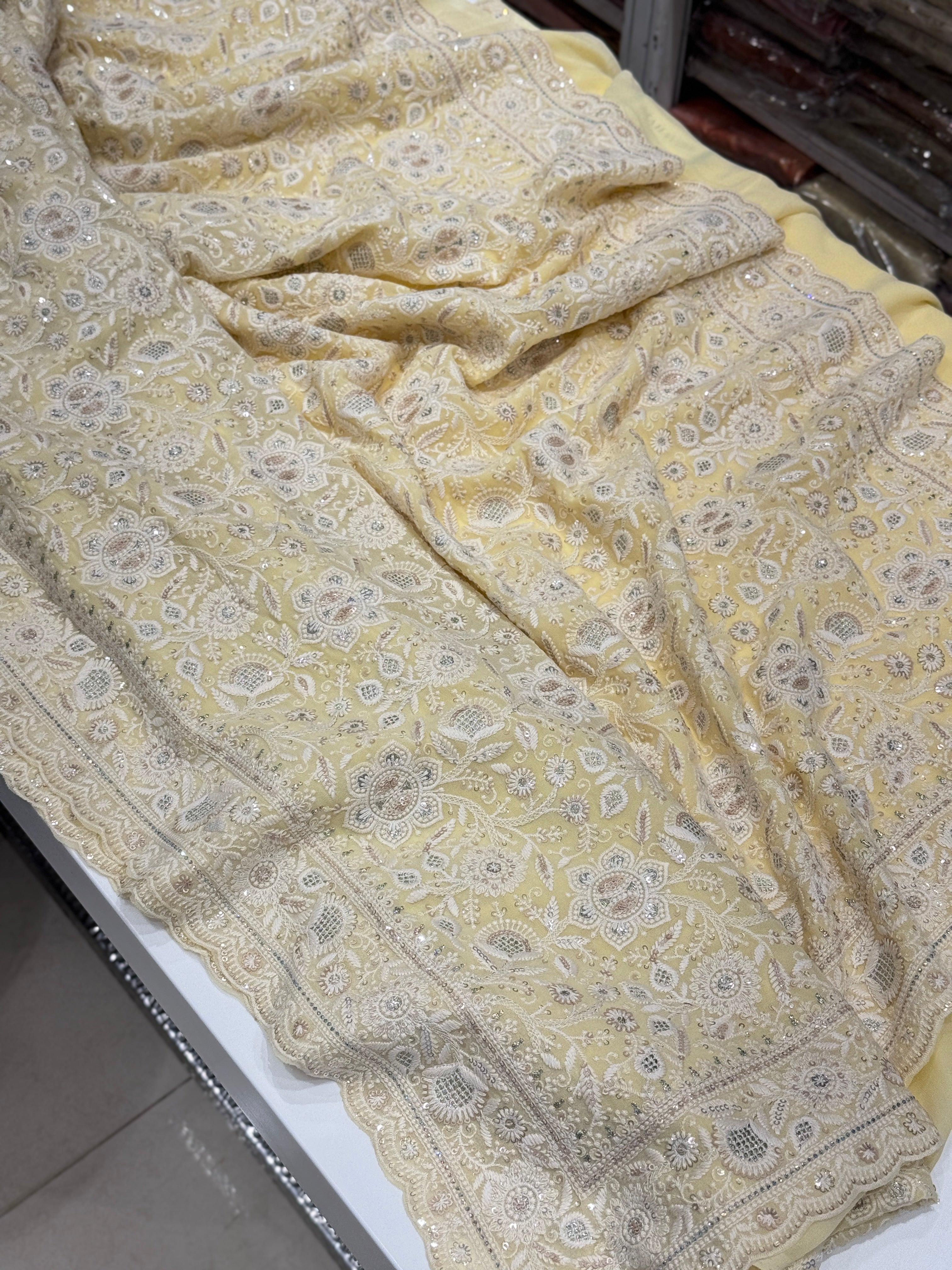 Yellow Chikankari Small Scallop Design Saree