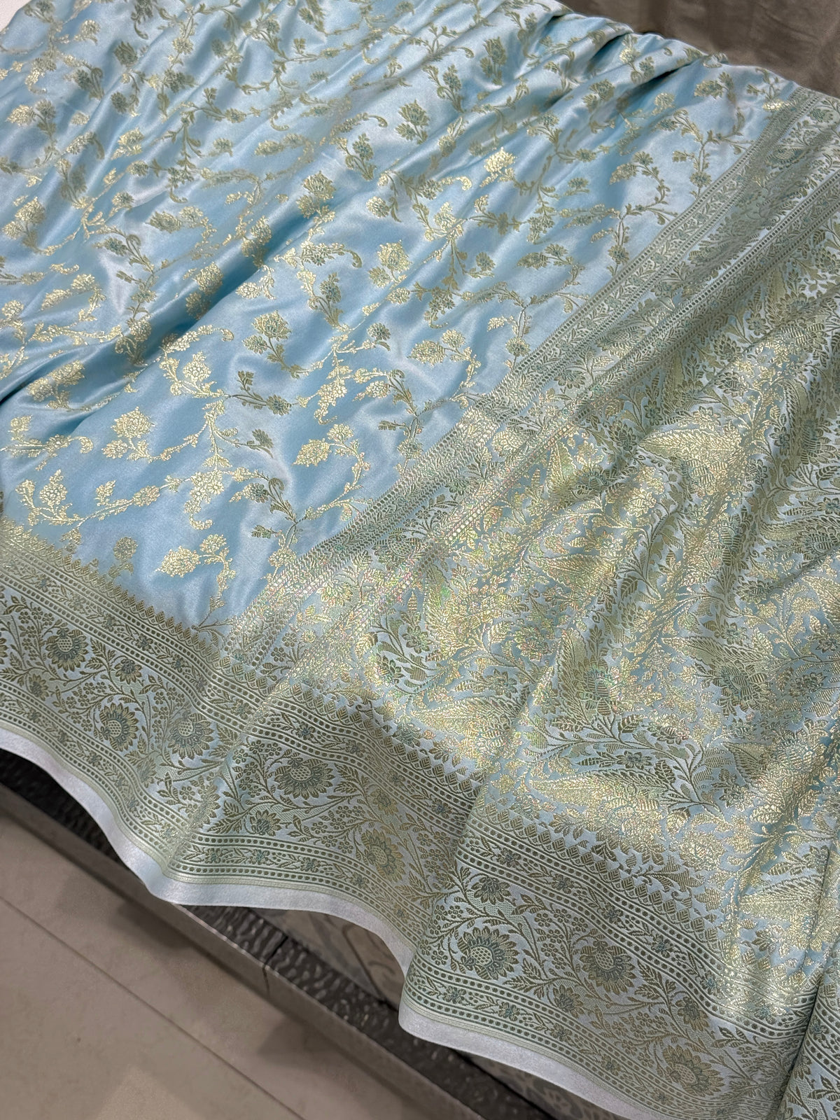 Light Blue Banarasi Silk Upside Down Border Saree