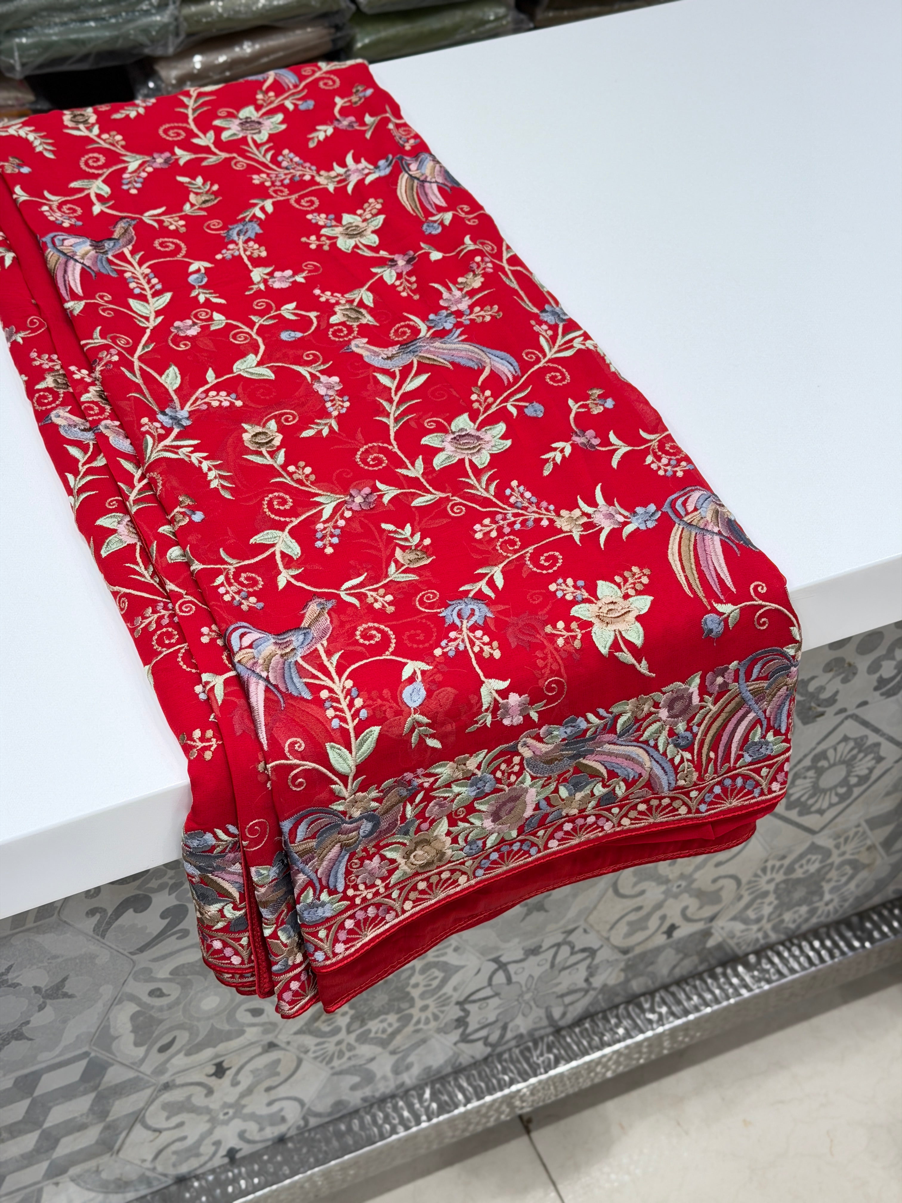 Red Georgette Meenakari Peacock Motif Jaal Parsi Gara Saree