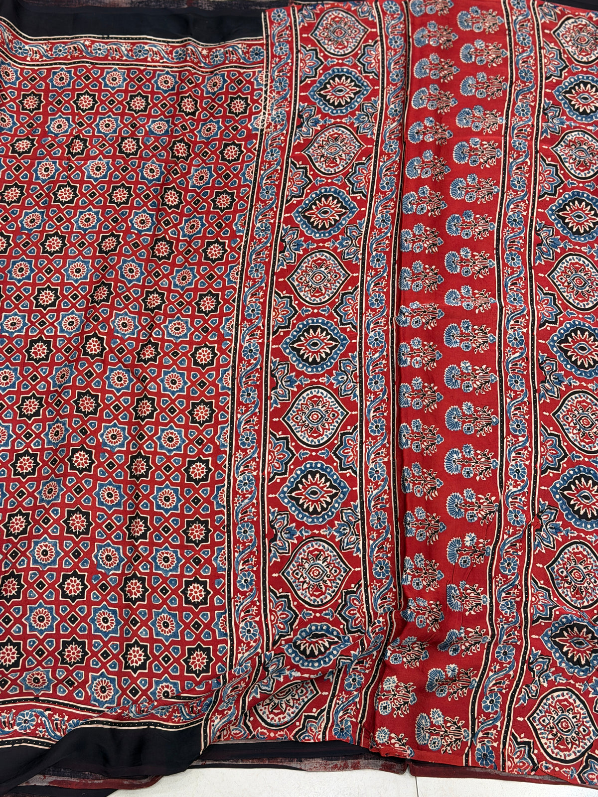 Red Manek Jaal Ajrakh Hand Block Print Pure Gajji Silk Saree