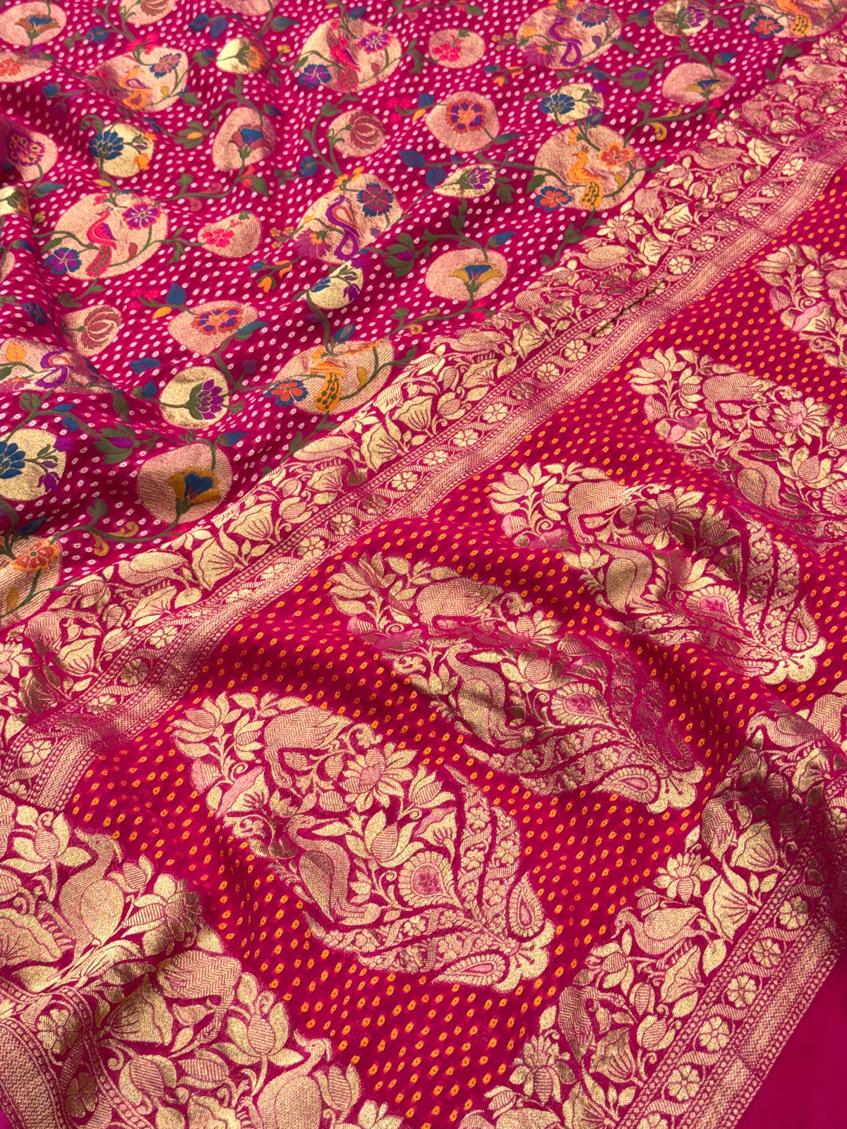 Rani Chandra Mor Meenakari Woven Bandhej Saree
