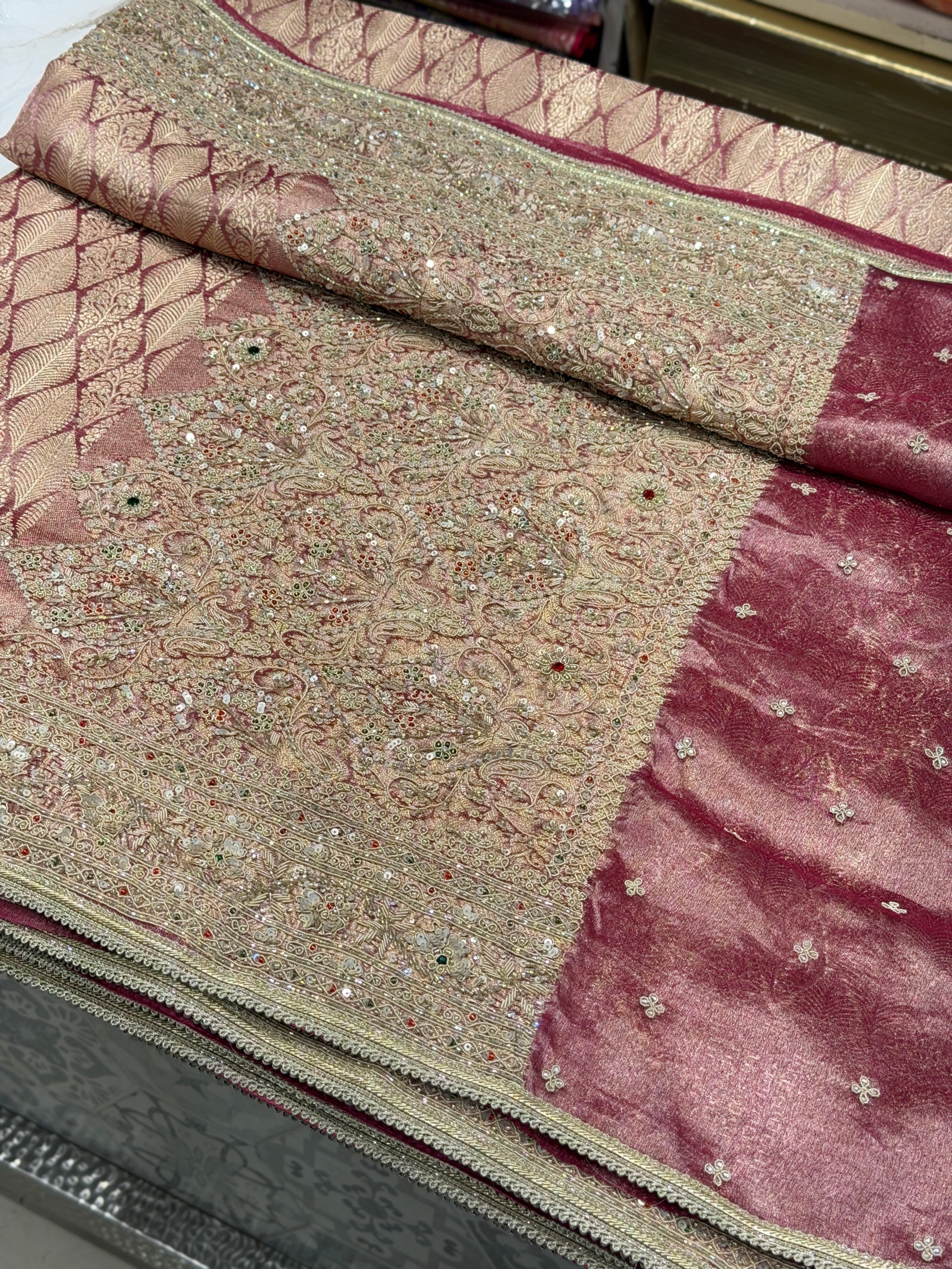 Red Tissue Kanjivaram Contemporary Hand Embroidery Saree