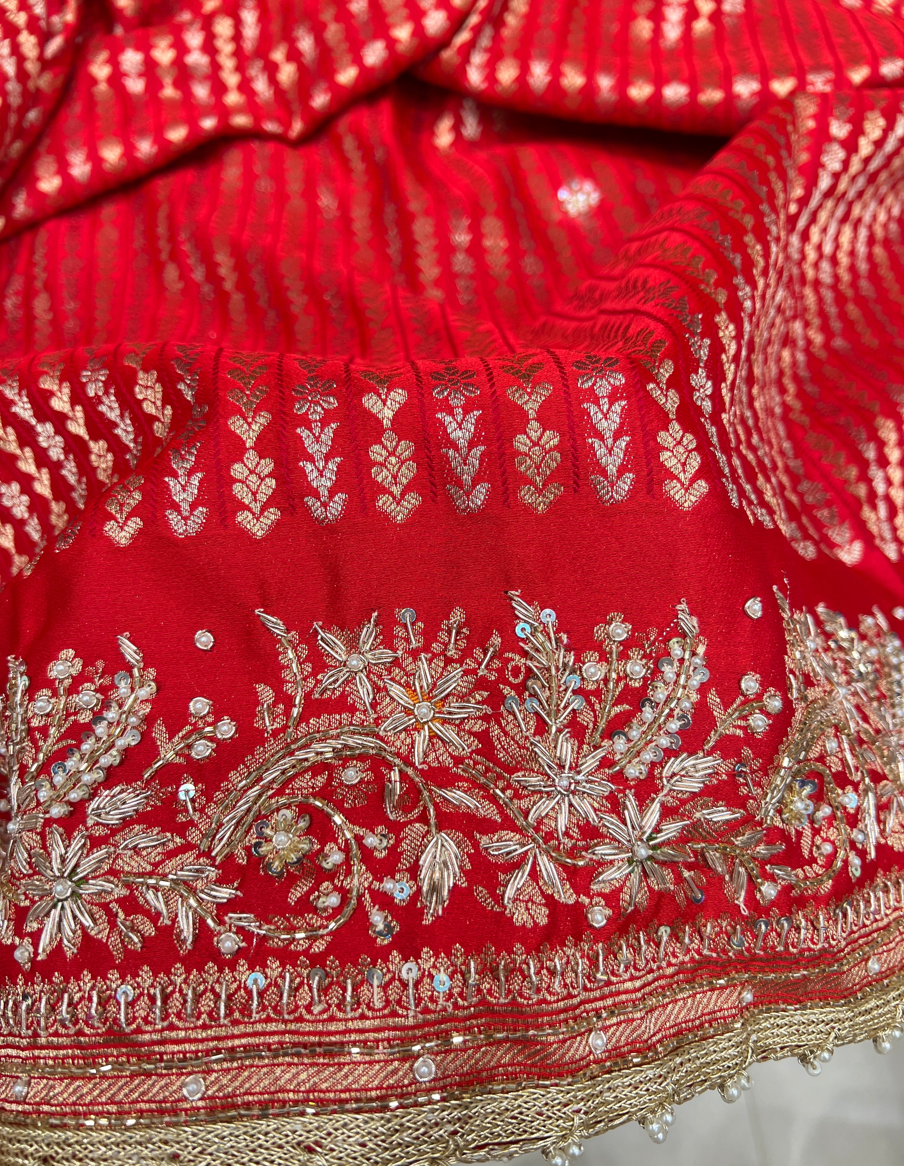 Red Banarasi Line Weave Hand Embroidery Saree