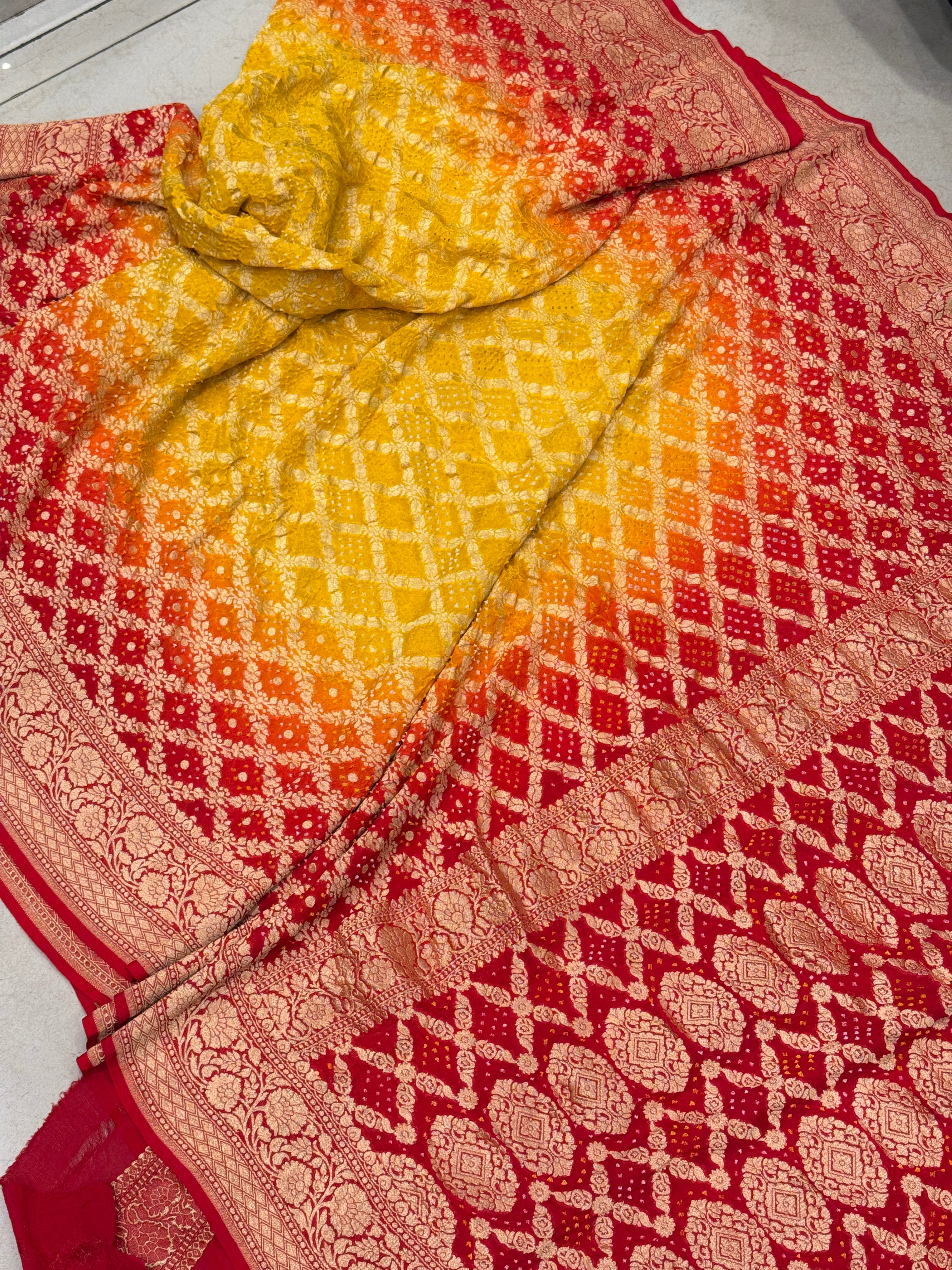 Yellow Red Shaded Bandhej Bandhini Saree