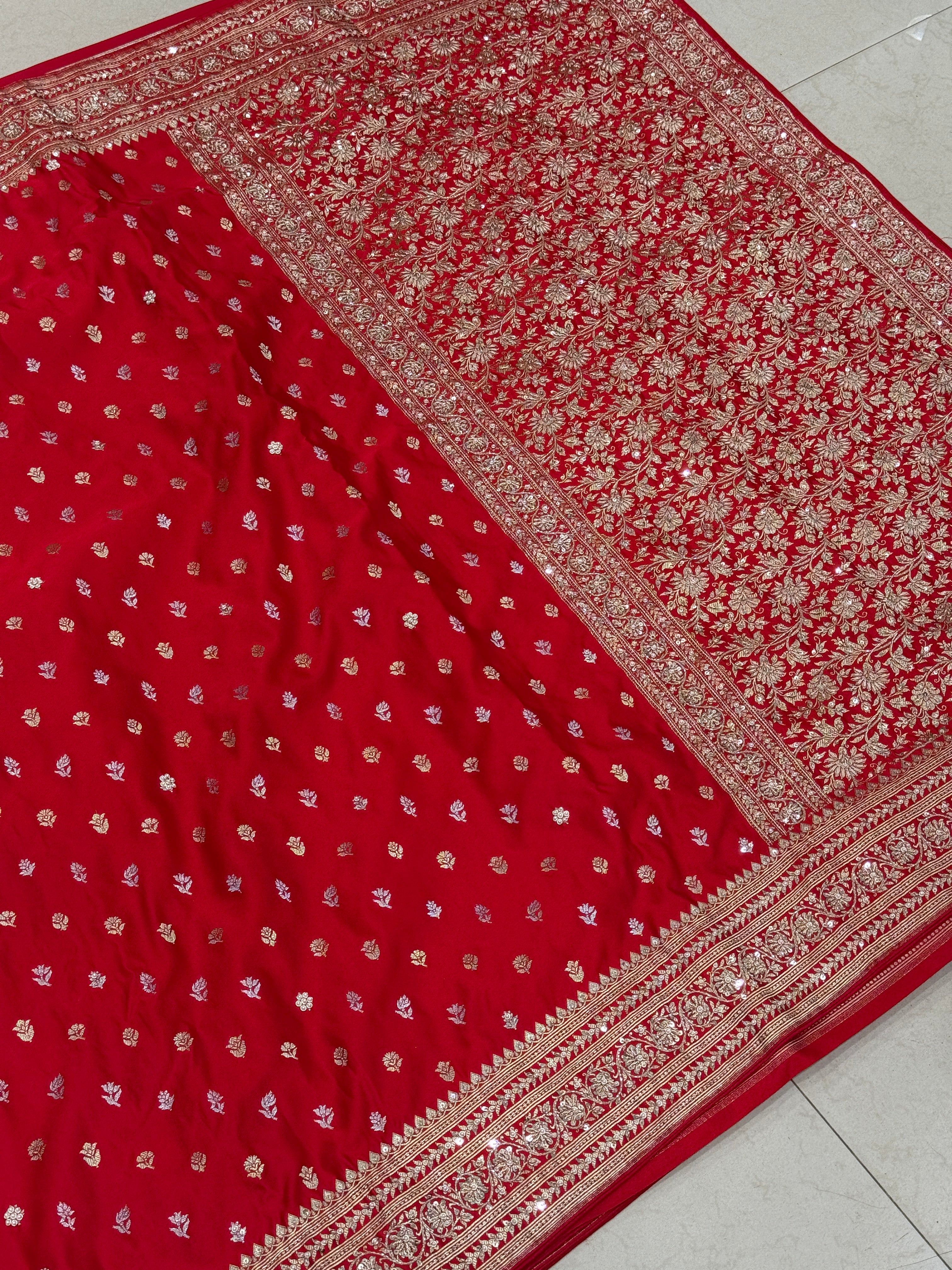Red Sona Roopa Buttis Zardosi Hand Embroidery Banarasi Saree