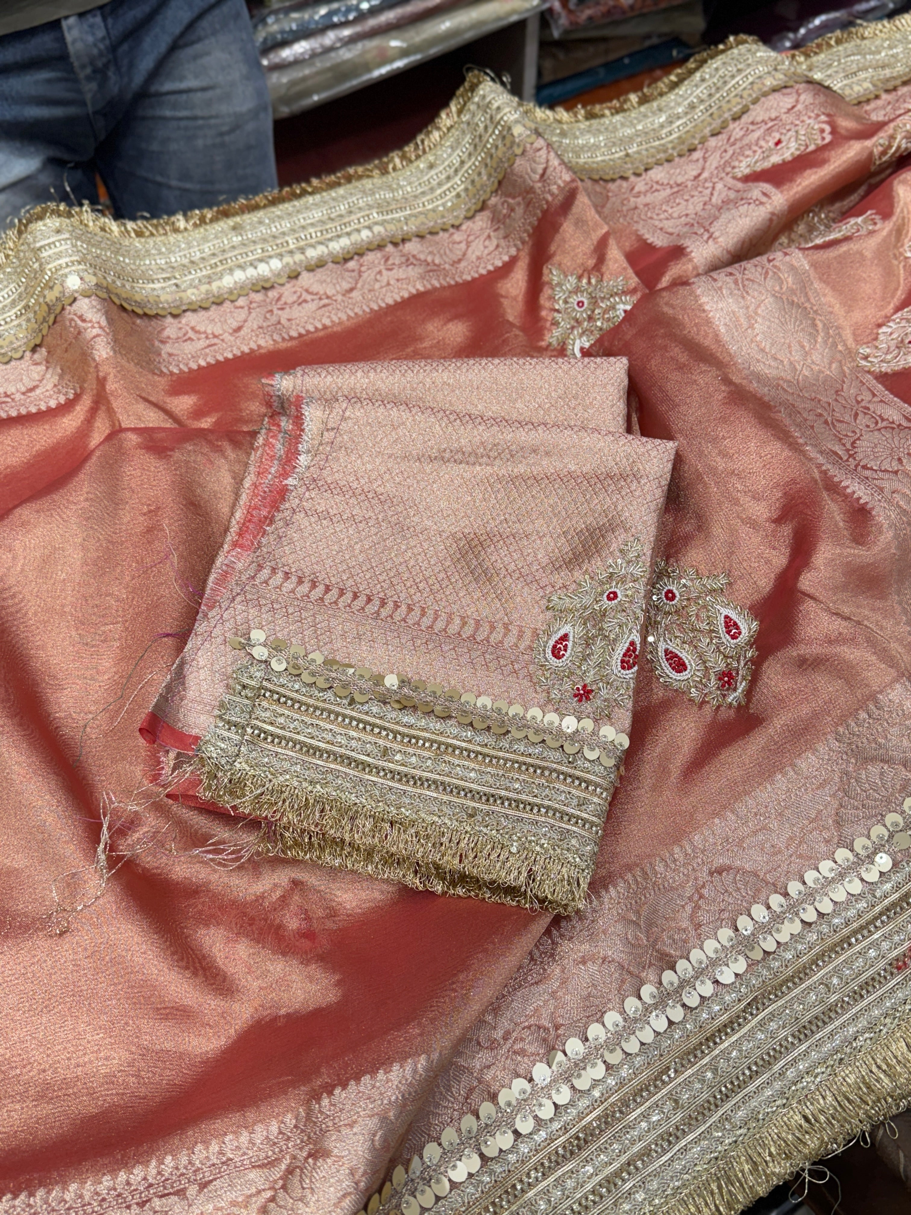 Reddish Pink Tissue Zardozi Butta Saree Maharani