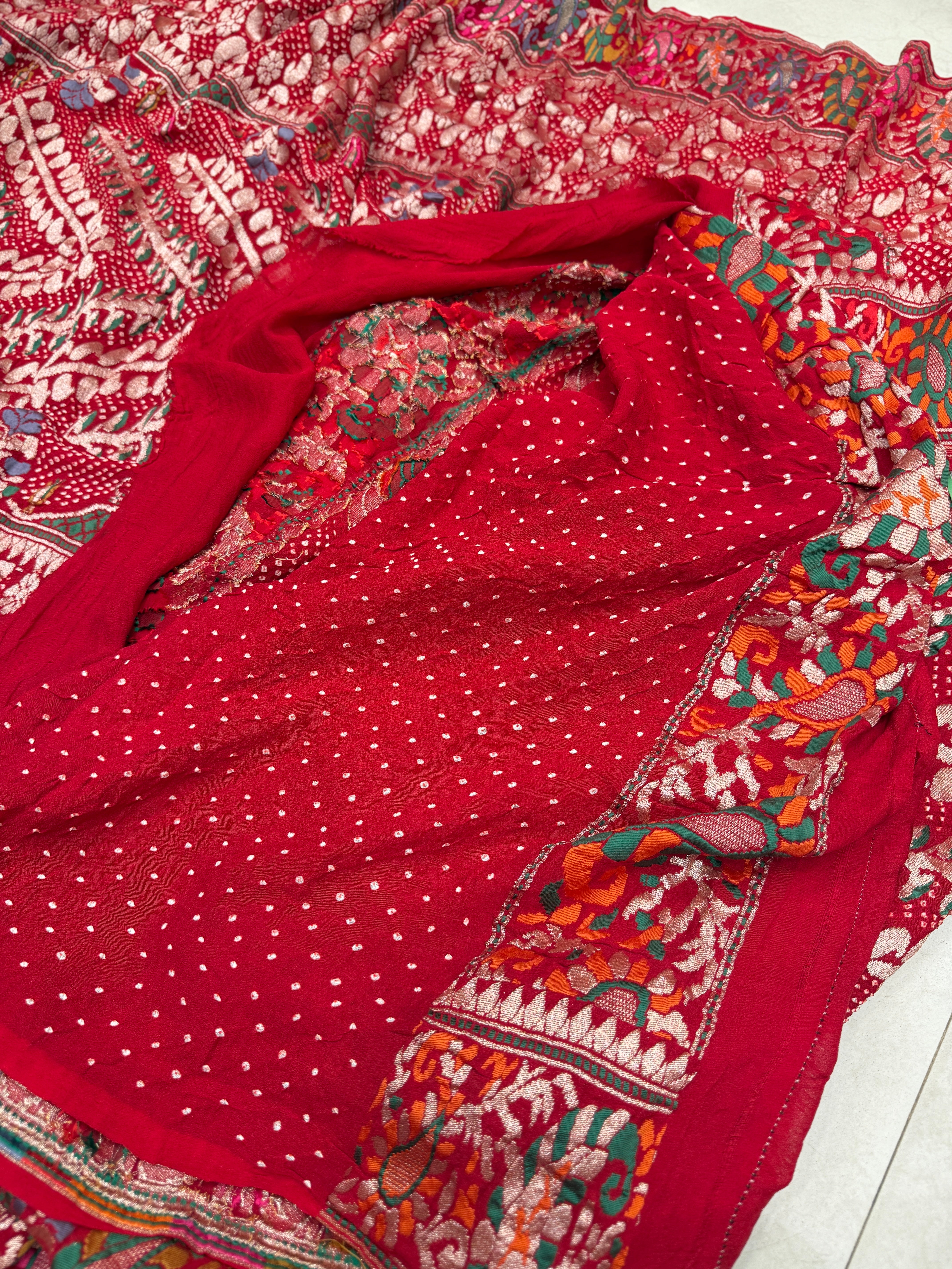 Red Meenakari Rai Bandhej Georgette Bandhini Saree