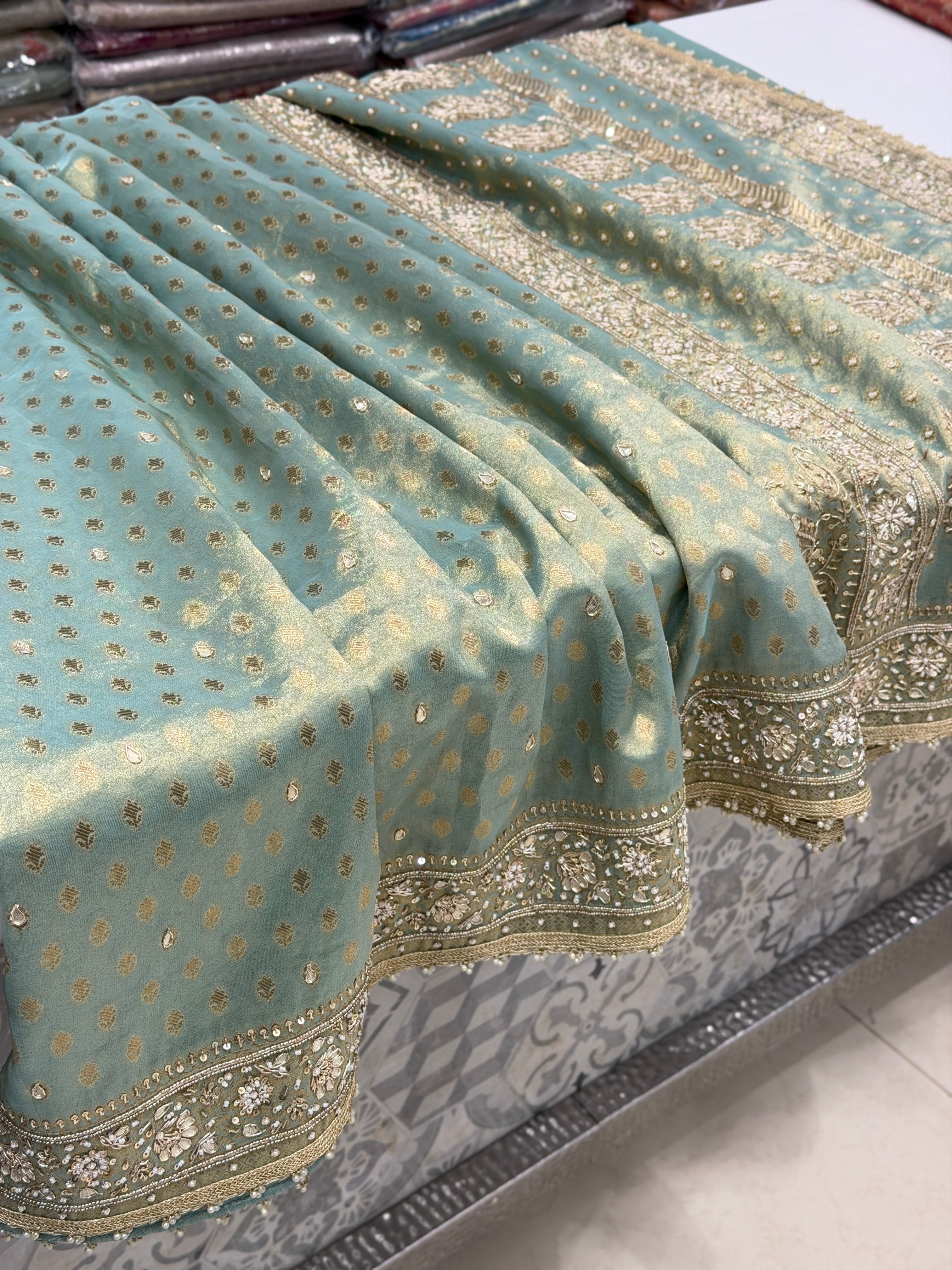Sea Green Tissue Banarasi Buttis Zardosi Embroidery Saree