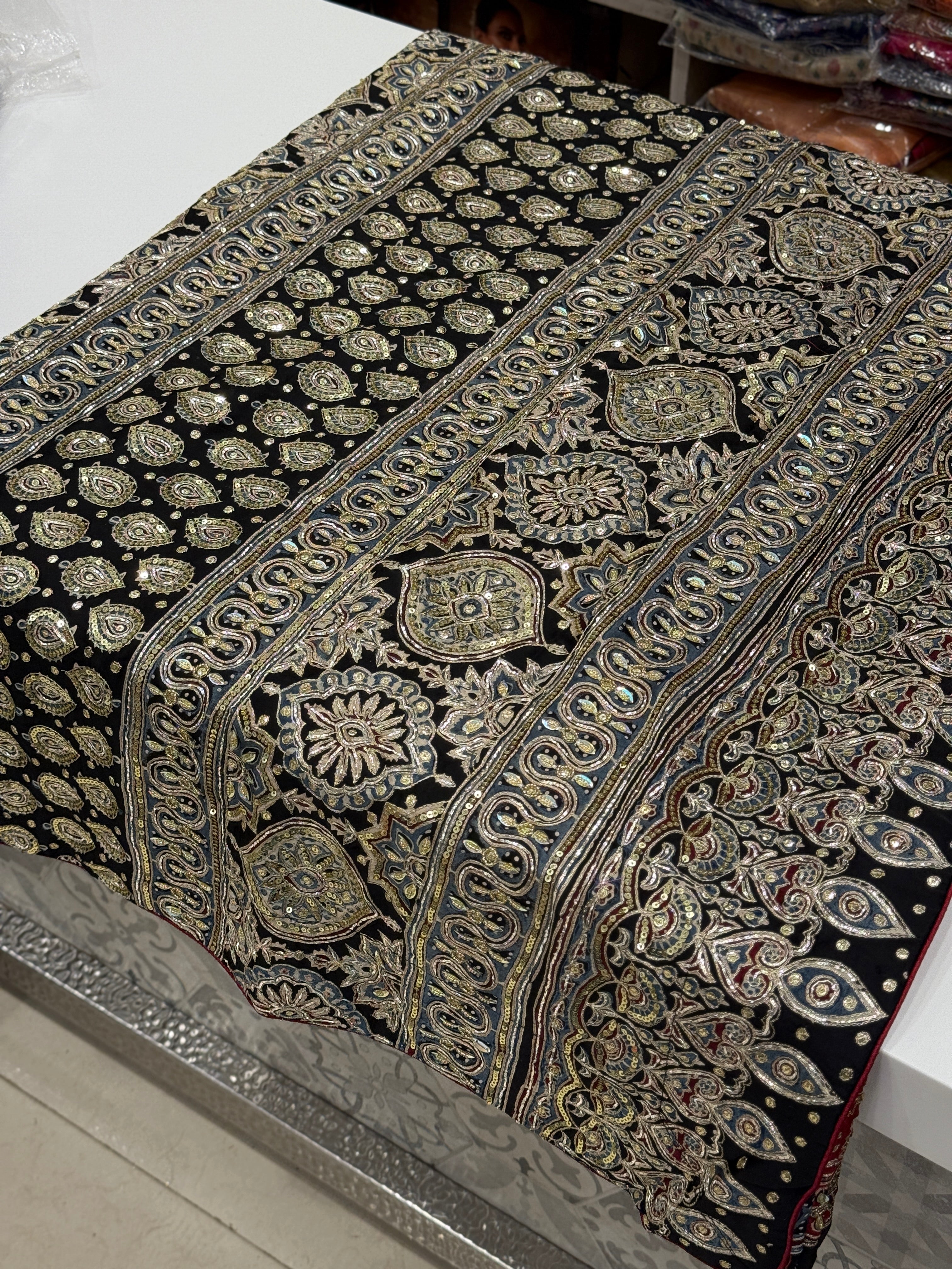 Red Contemporary Pita Zardosi Sequin Ajrakh Hand Embroidery Saree