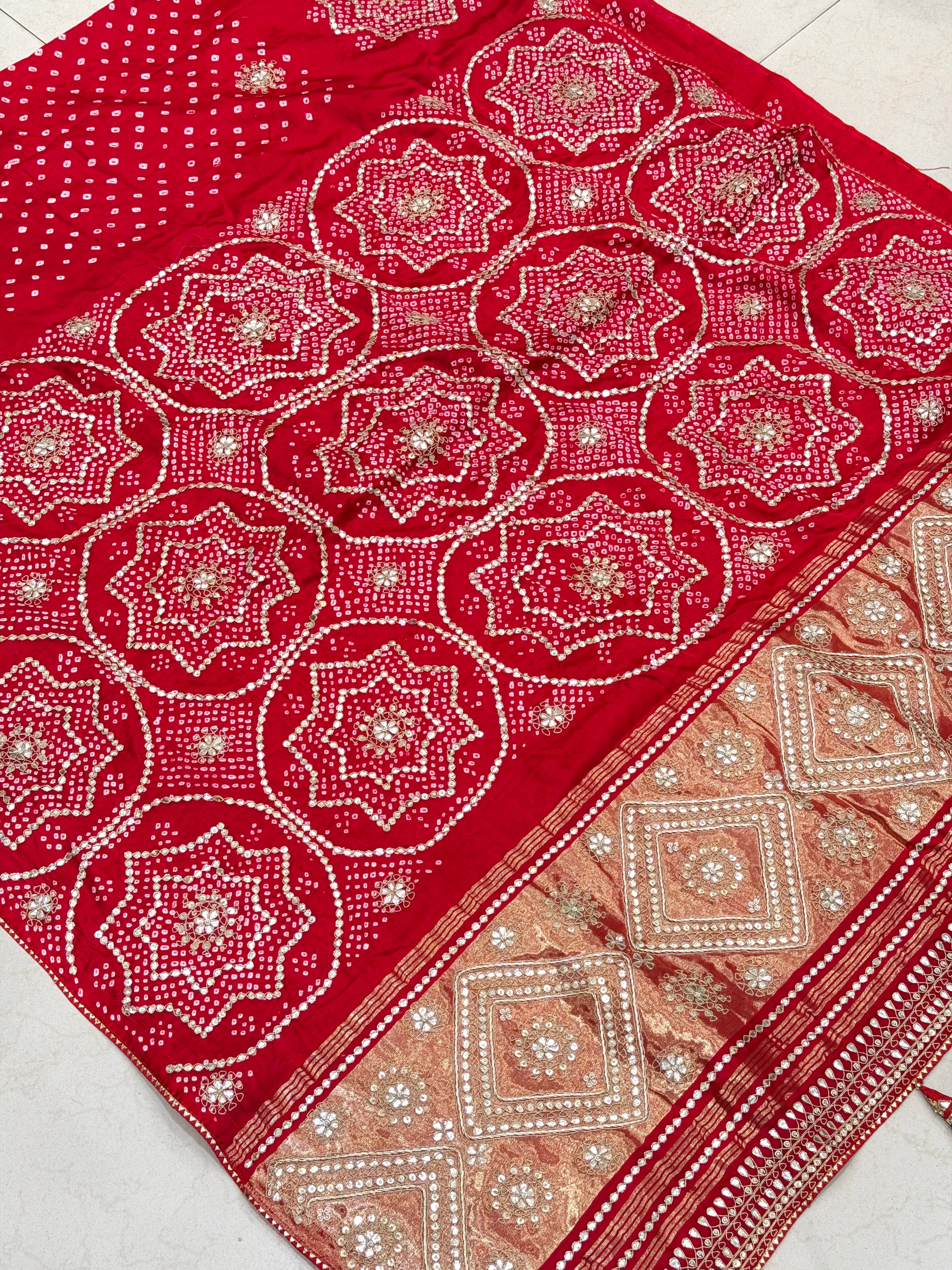 Red Gajji Silk Rai Bandhej Marodi Hand Embroidery Dabka Saree