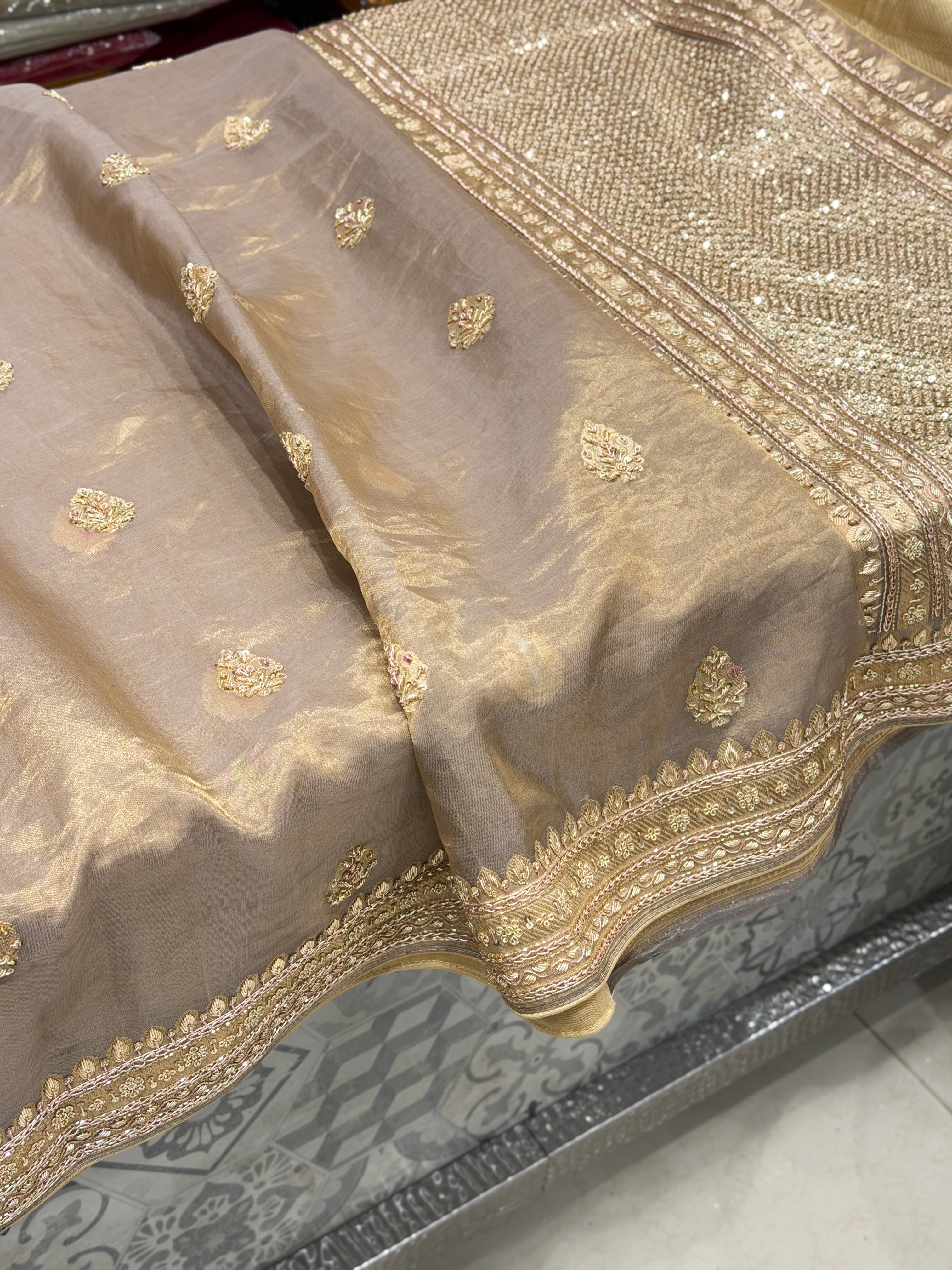 Champagne Meenakari Banarasi Tissue Handloom Kadwa Weave Zardosi Embroidery Saree