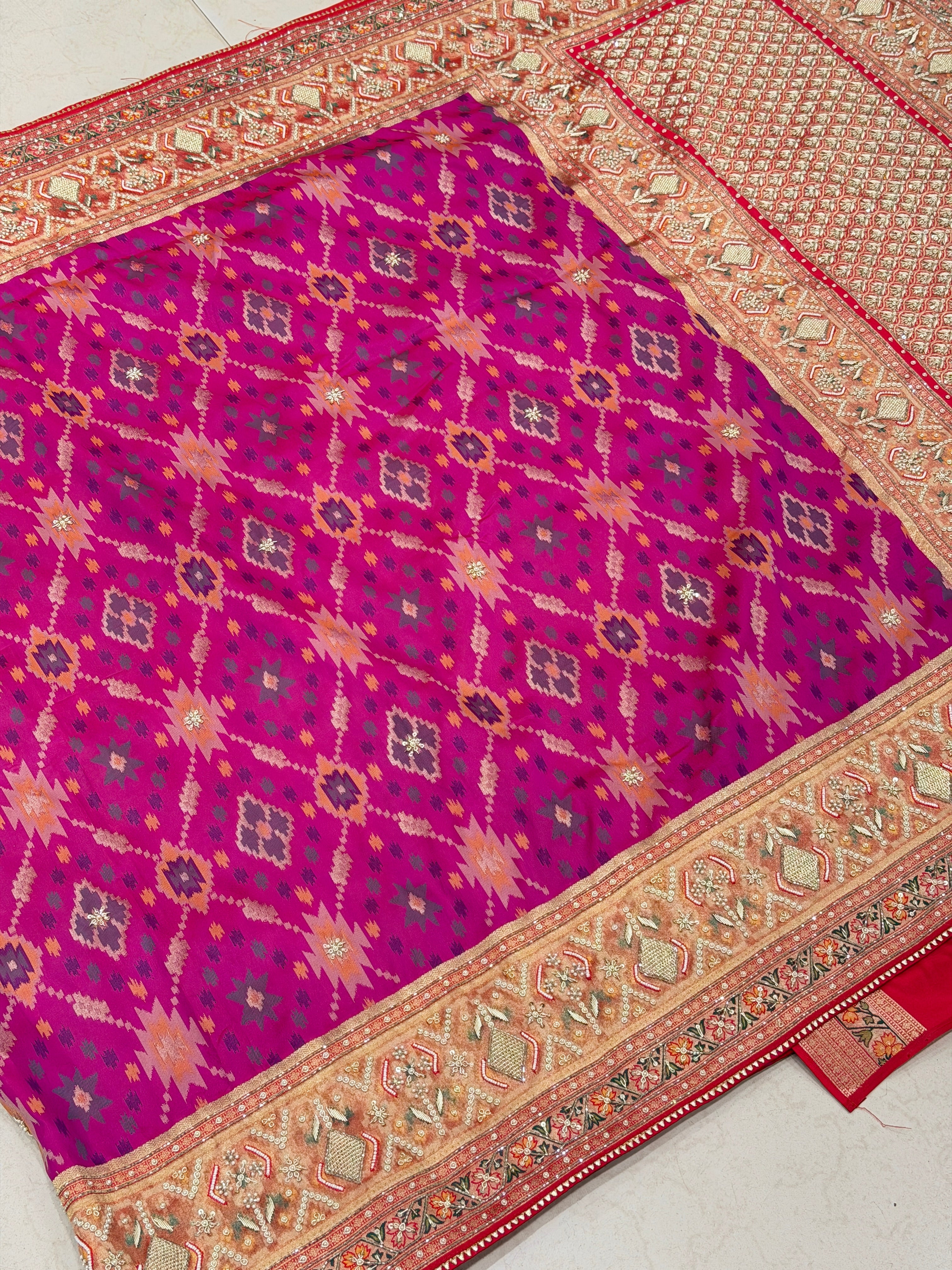 Wine Patola Zardosi Hand Embroidery Saree