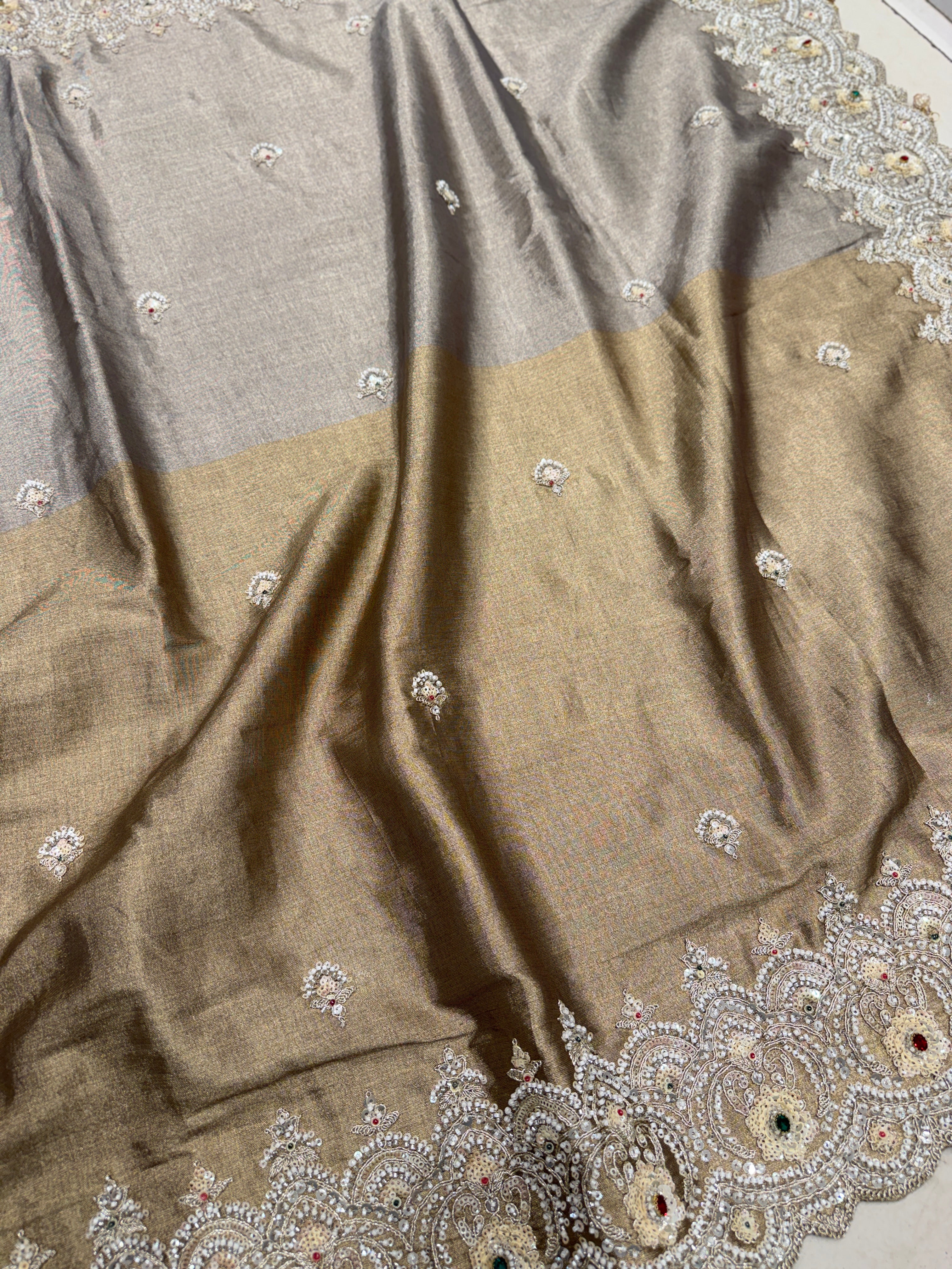 Light Golden Silver Soft Tissue Moti Crystal Embroidery Saree