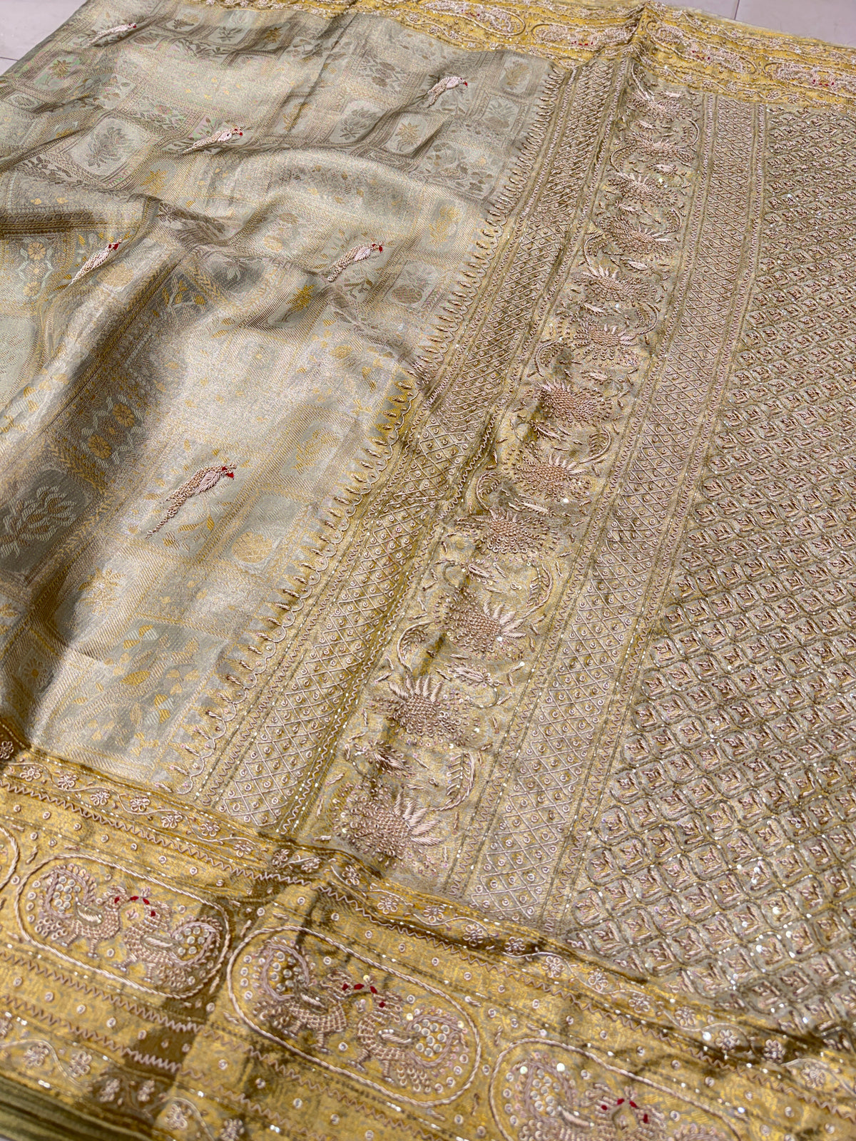 Champagne Green Tissue Kanjivaram Zardosi Peacock Motif Hand Embroidery Saree