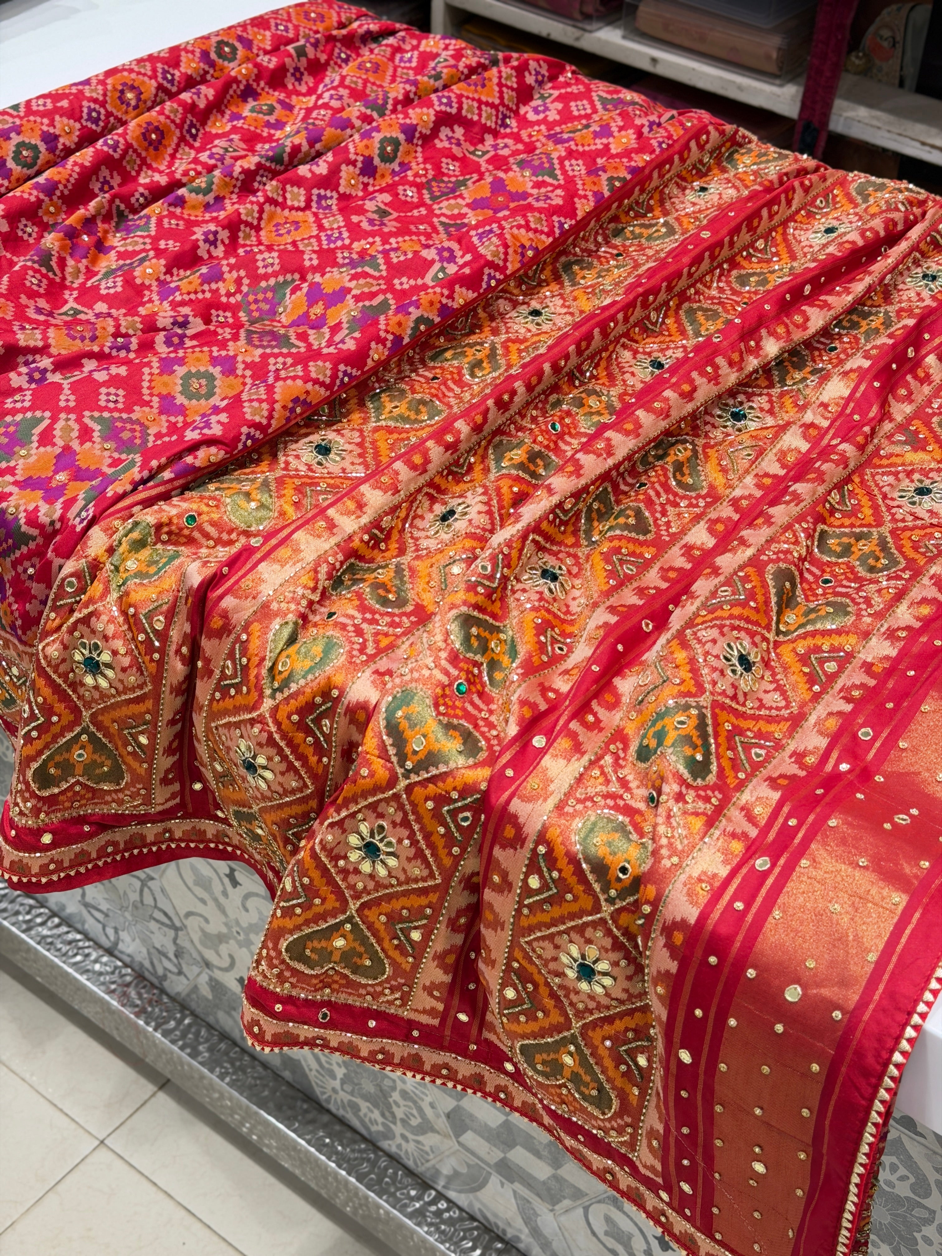 Red Patola Crystal Hand Embroidery Saree