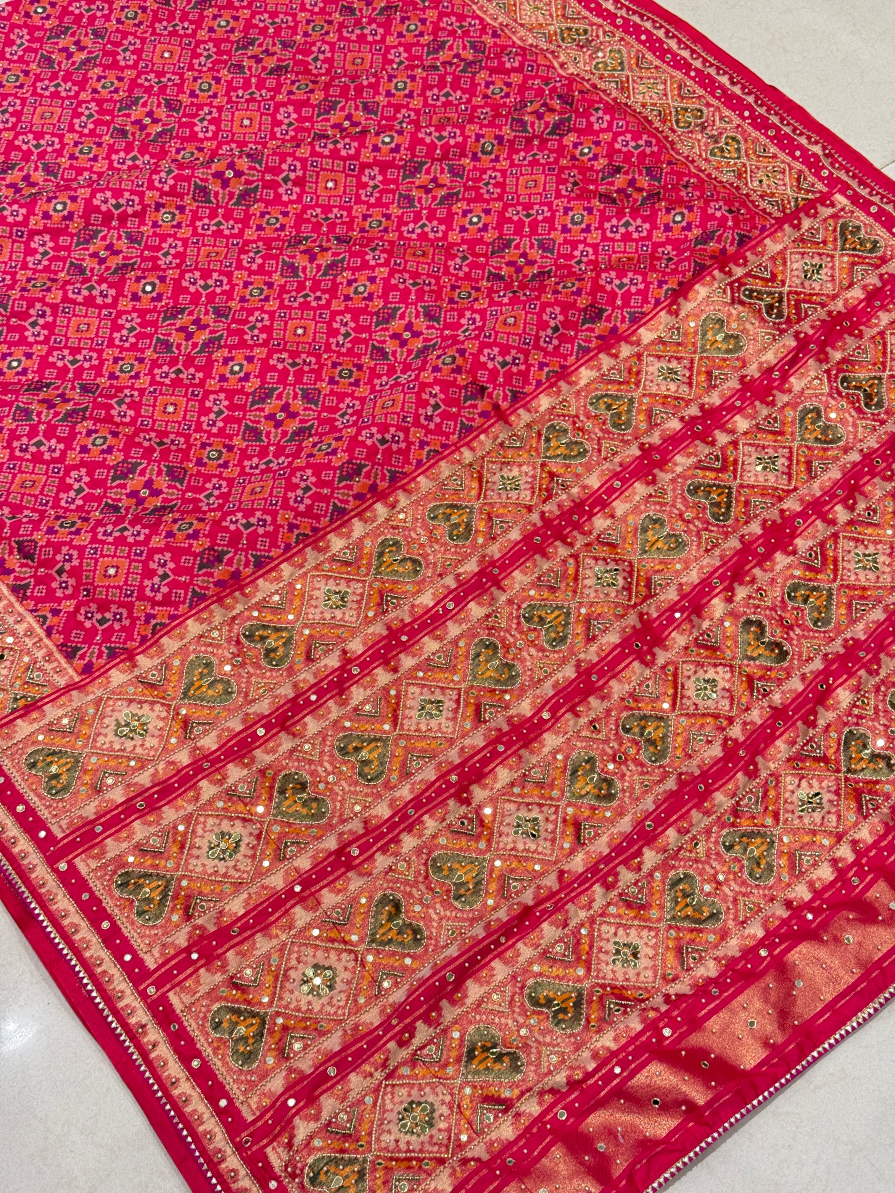 Rani Patola Moti Kutchi Embroidered Saree