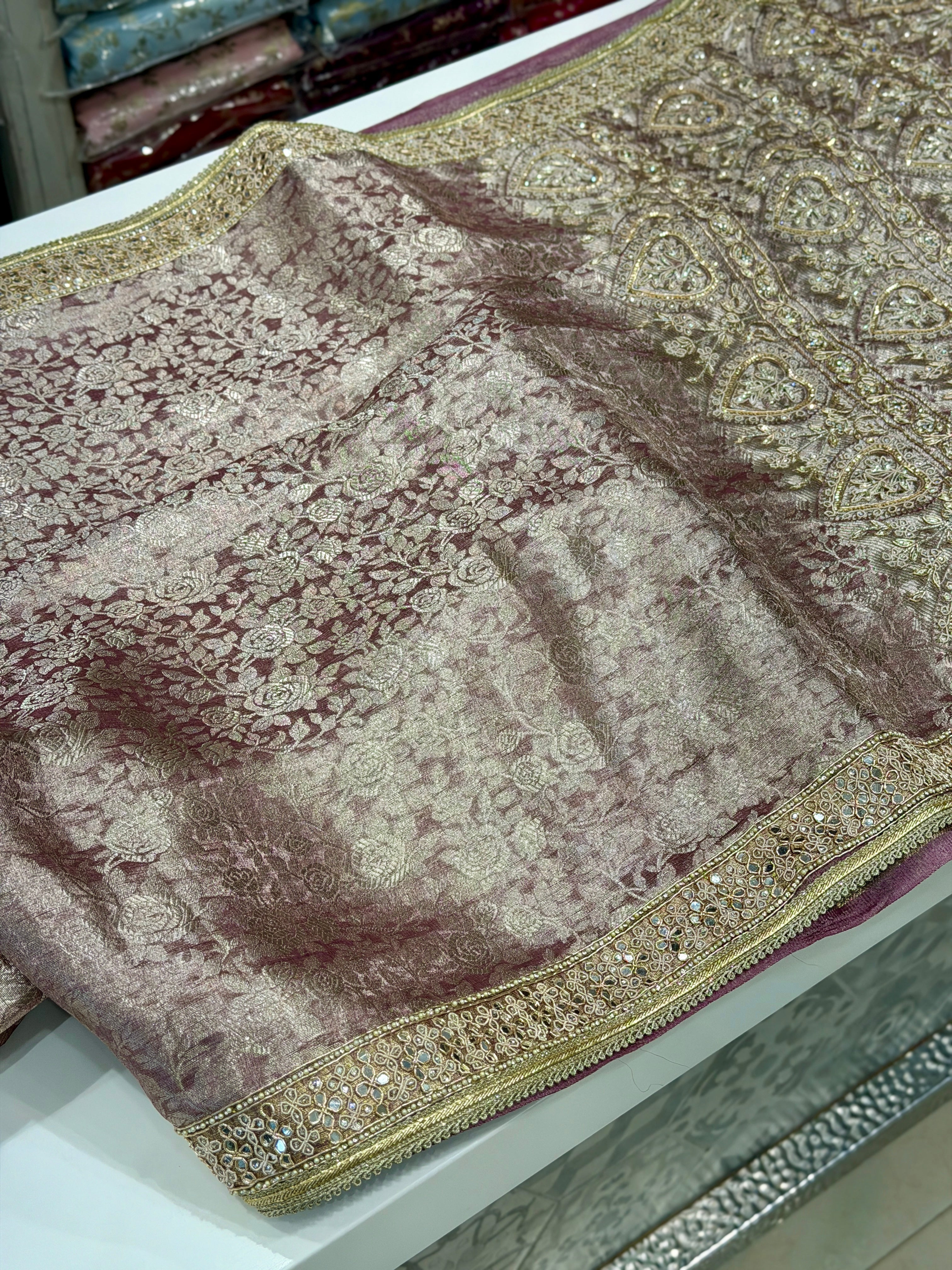 Purple Tissue Kanjivaram Hand Embroidery Zardosi Saree