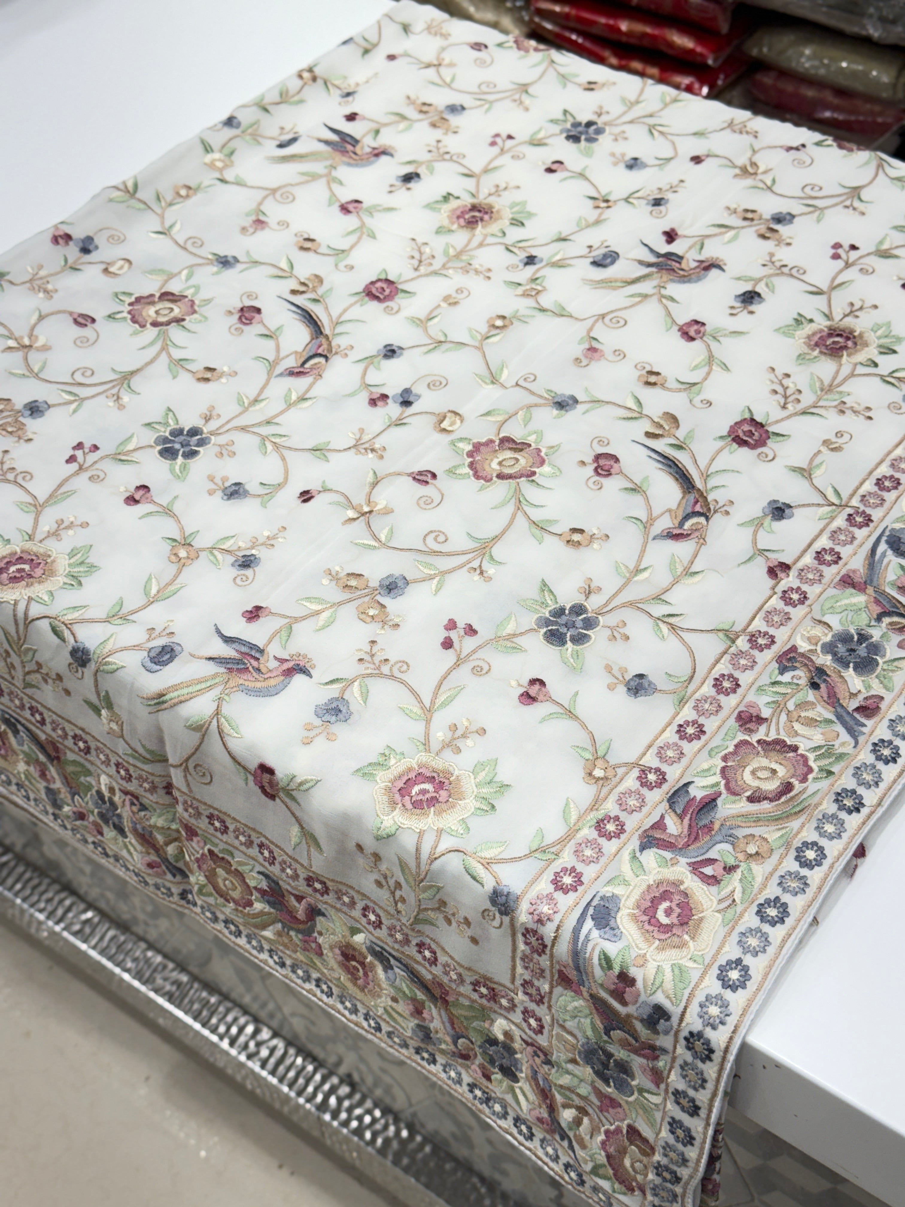 White Georgette Multi Colour Jaal Floral Parsi Gara Saree