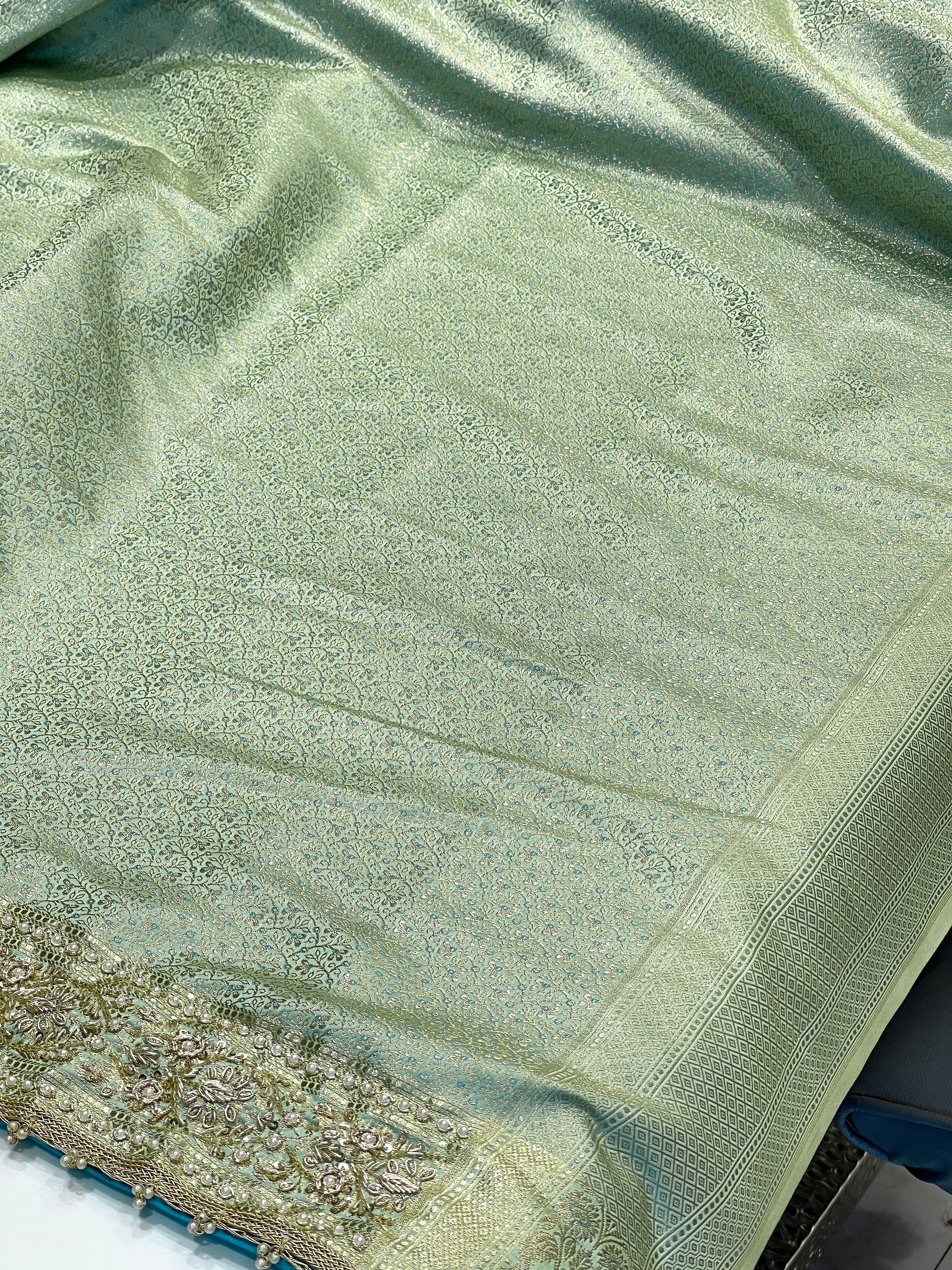 Green Banarasi Silk Jaal Moti Hand Embroidery Saree