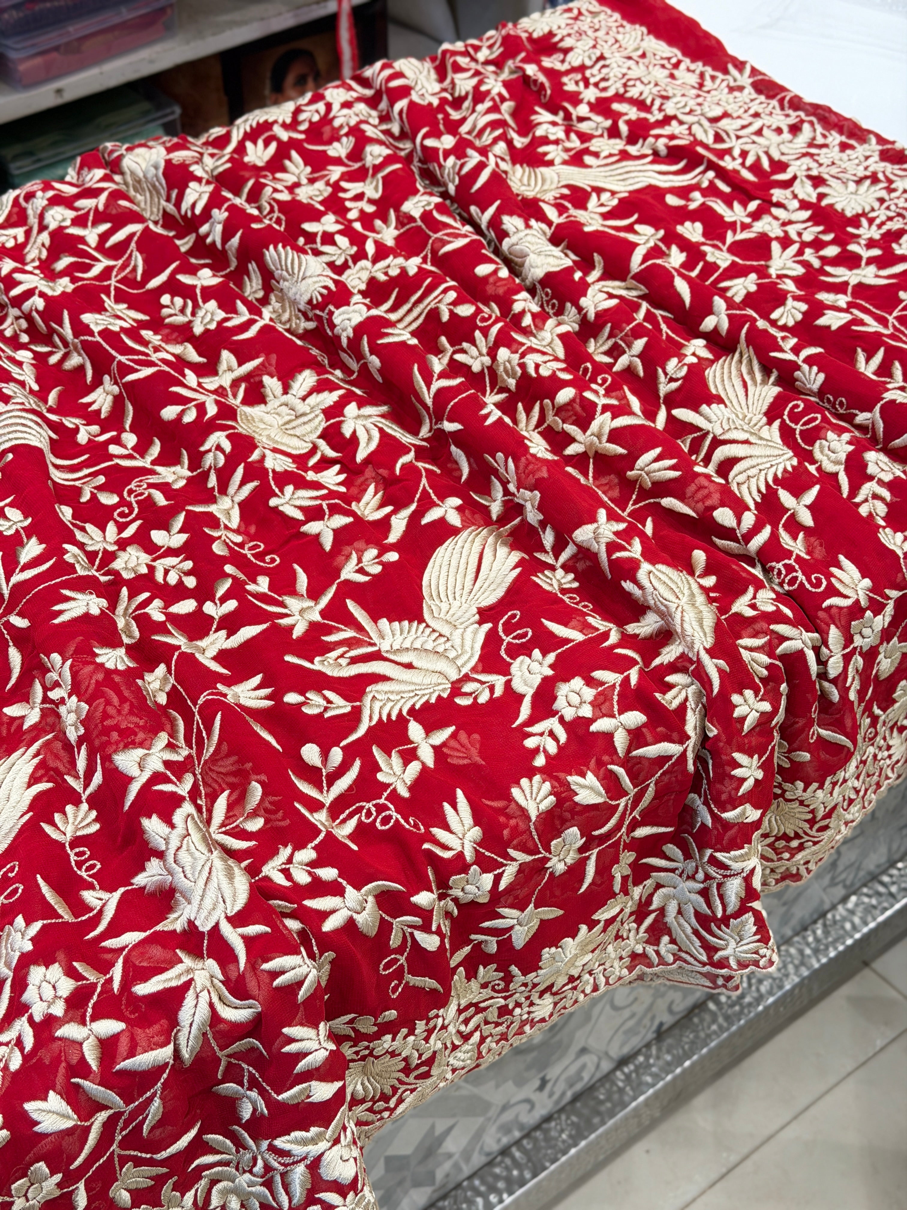 Red Georgette Floral Jaal Flamingo Resham Embroidery Saree