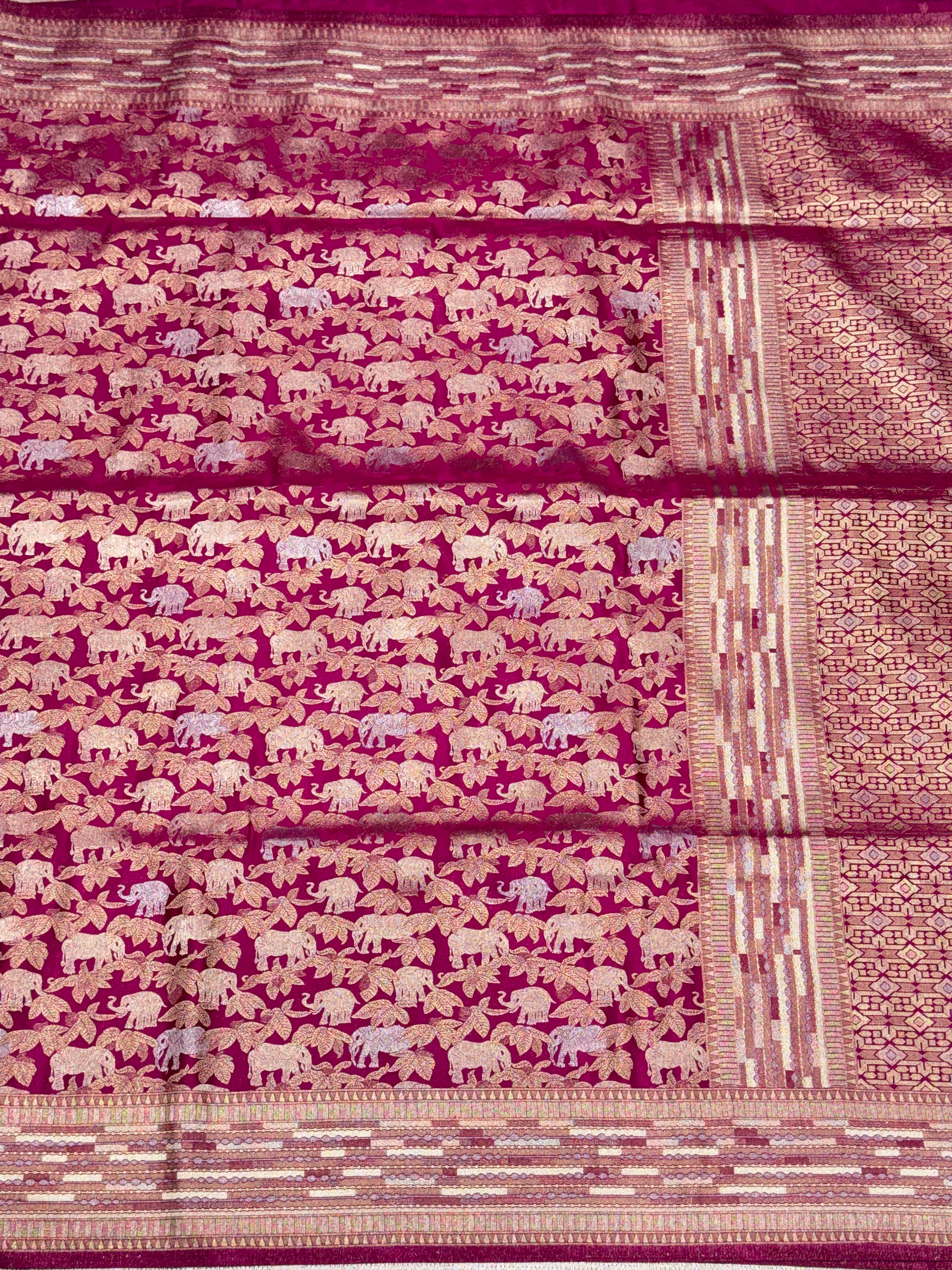 Wine Banarasi Soft Silk Semi Elephant Motif Saree
