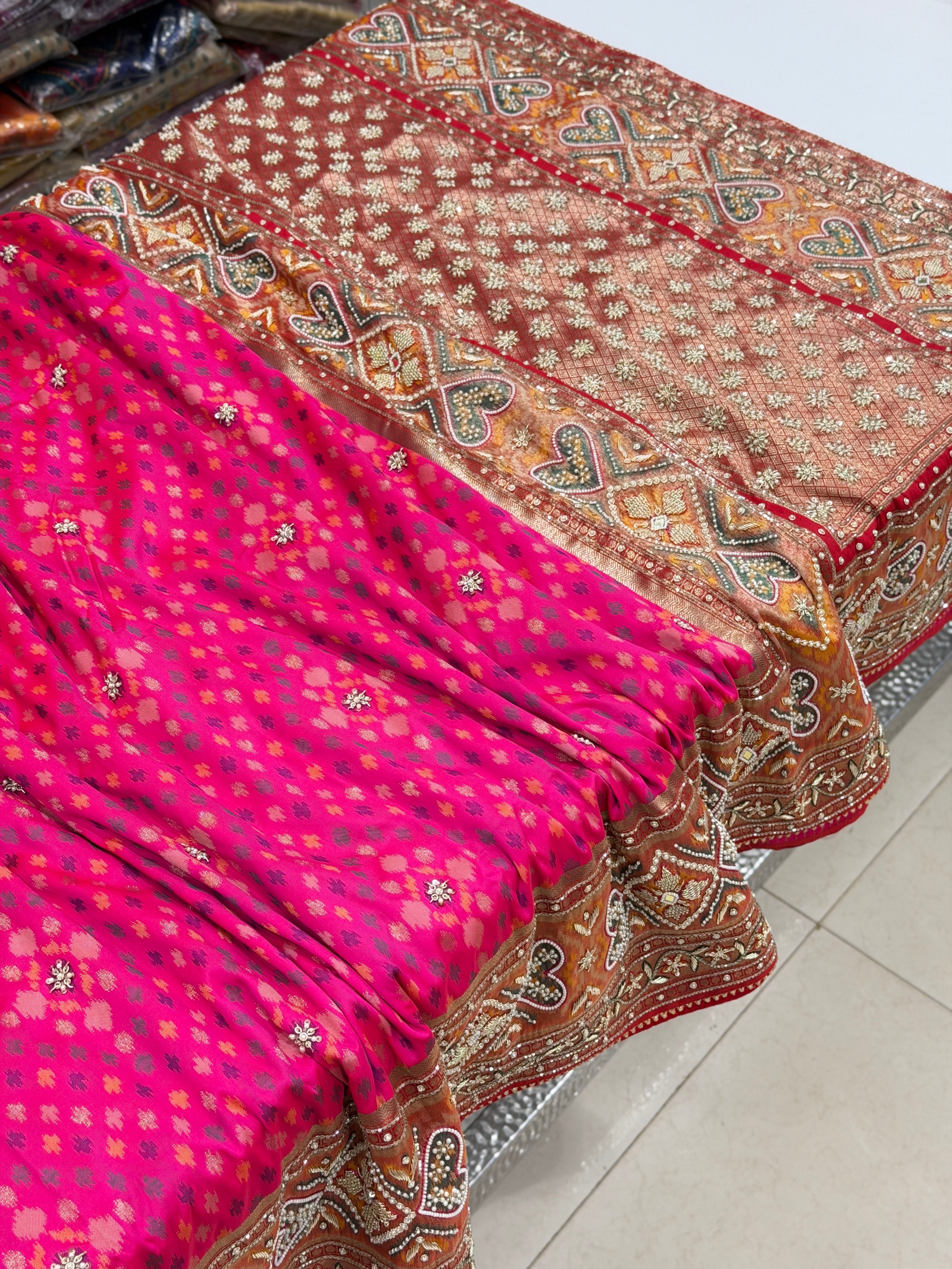 Rani Pink Patola Zardosi Hand Embroidery Saree Small Ikat