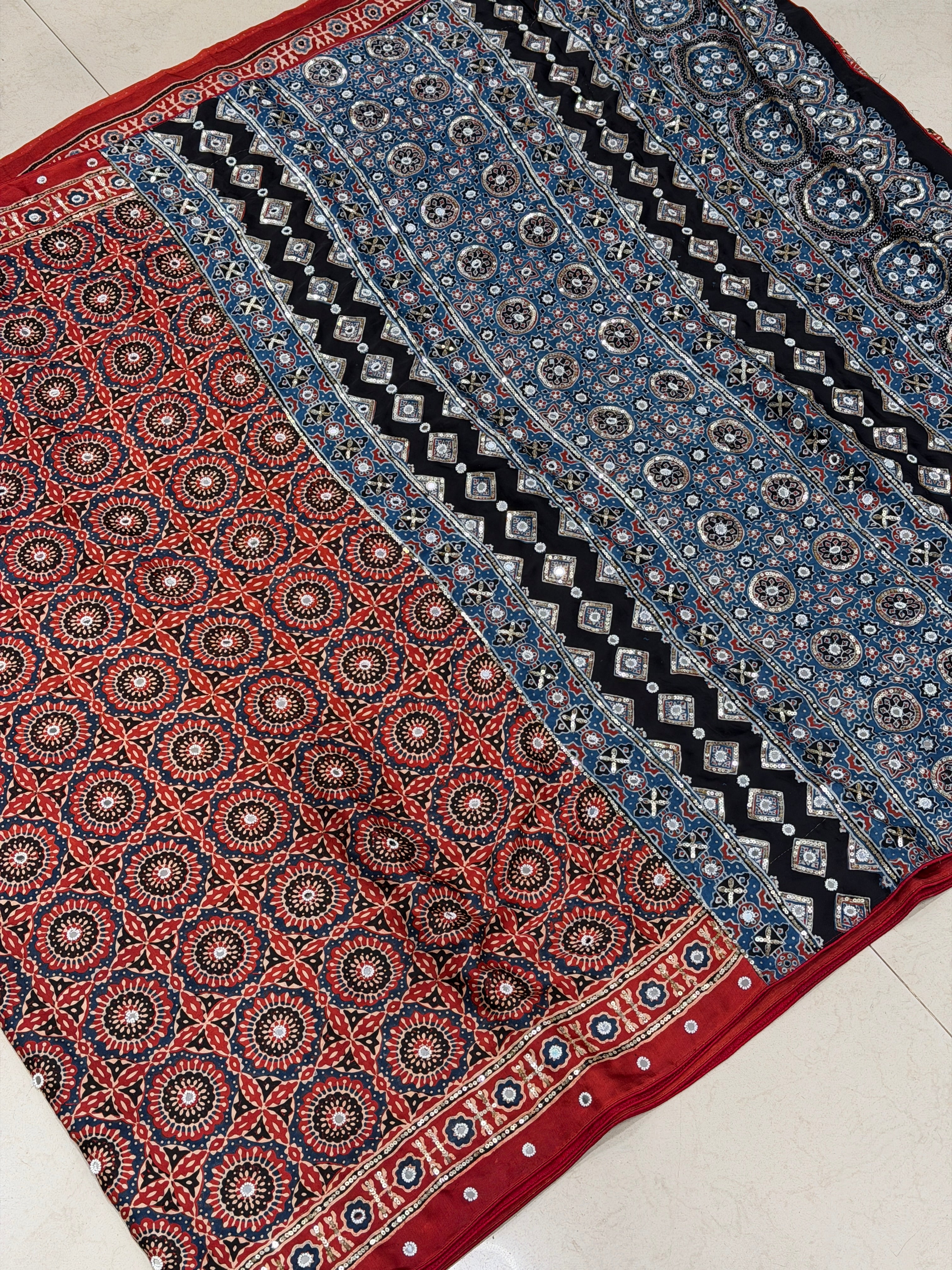Red Blue Ajrakh Jaal Real Mirror Moti Sequin Hand Embroidery Saree