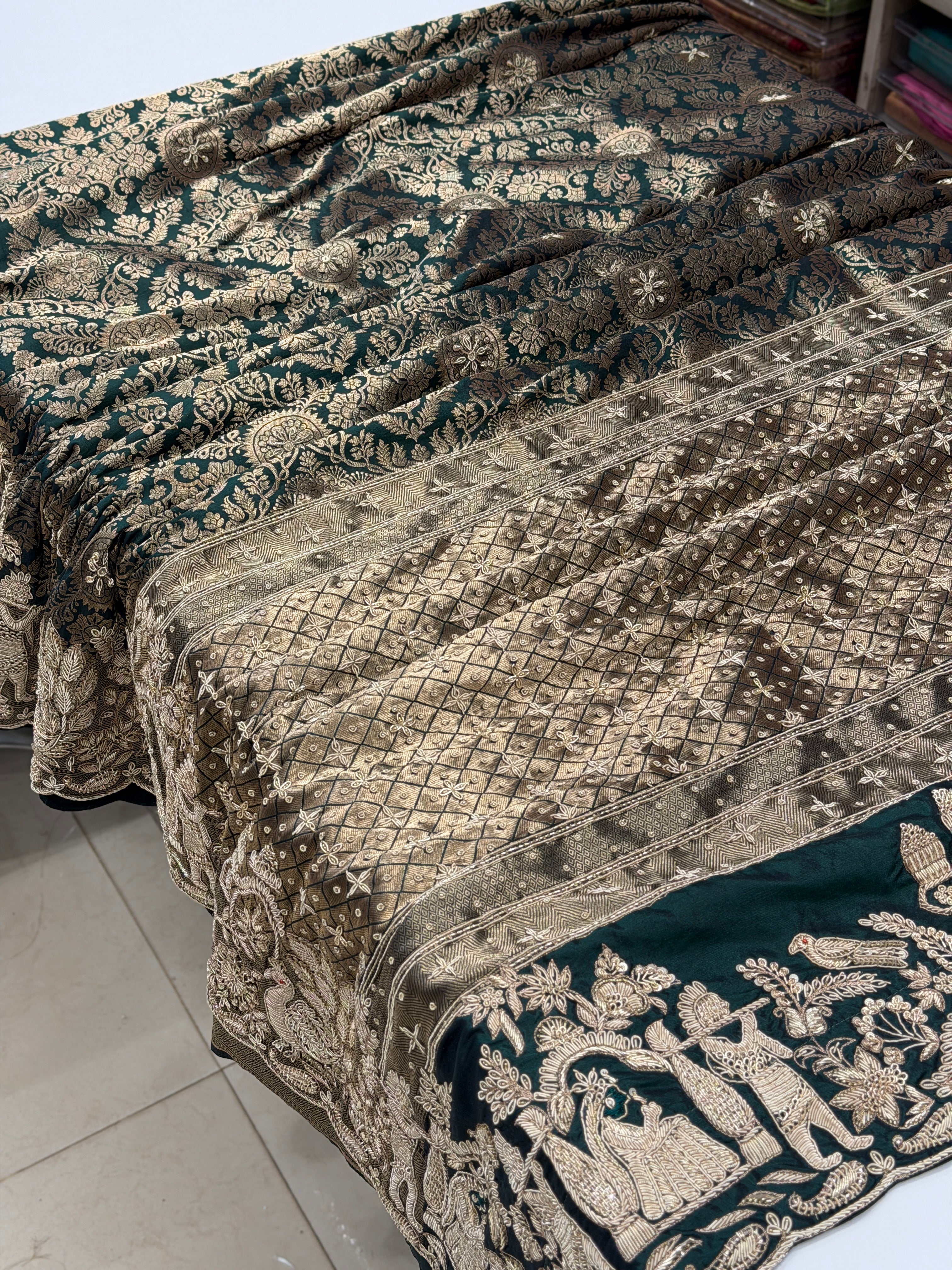 Bottle Green Handloom Banarasi Pure Katan Doli Zardosi Embroidery Saree