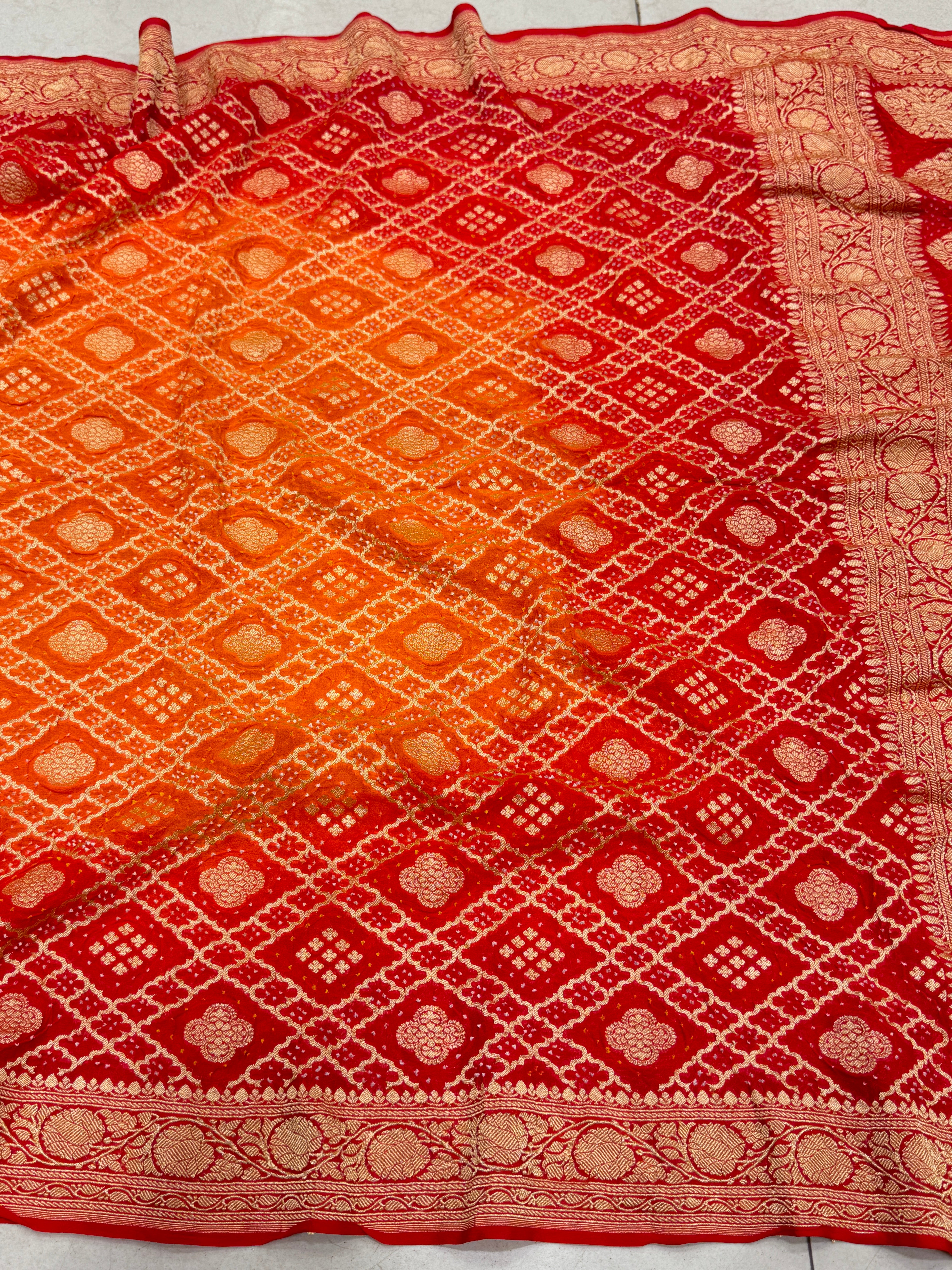 Orange Red Shaded Bandhej Bandhini Saree