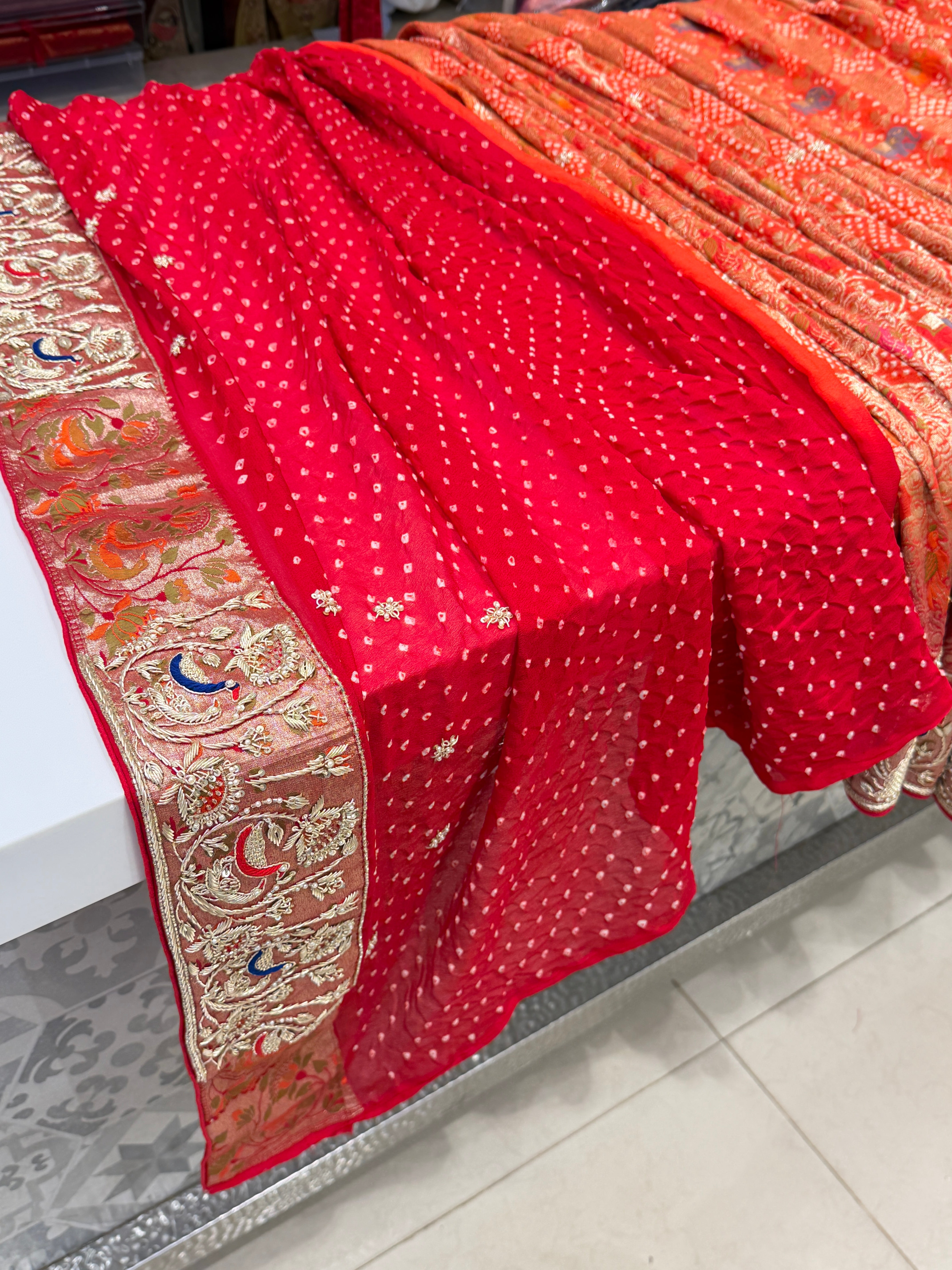 Shaded Meenakari Bandhej Zardosi Mor Hathi Jaal Saree