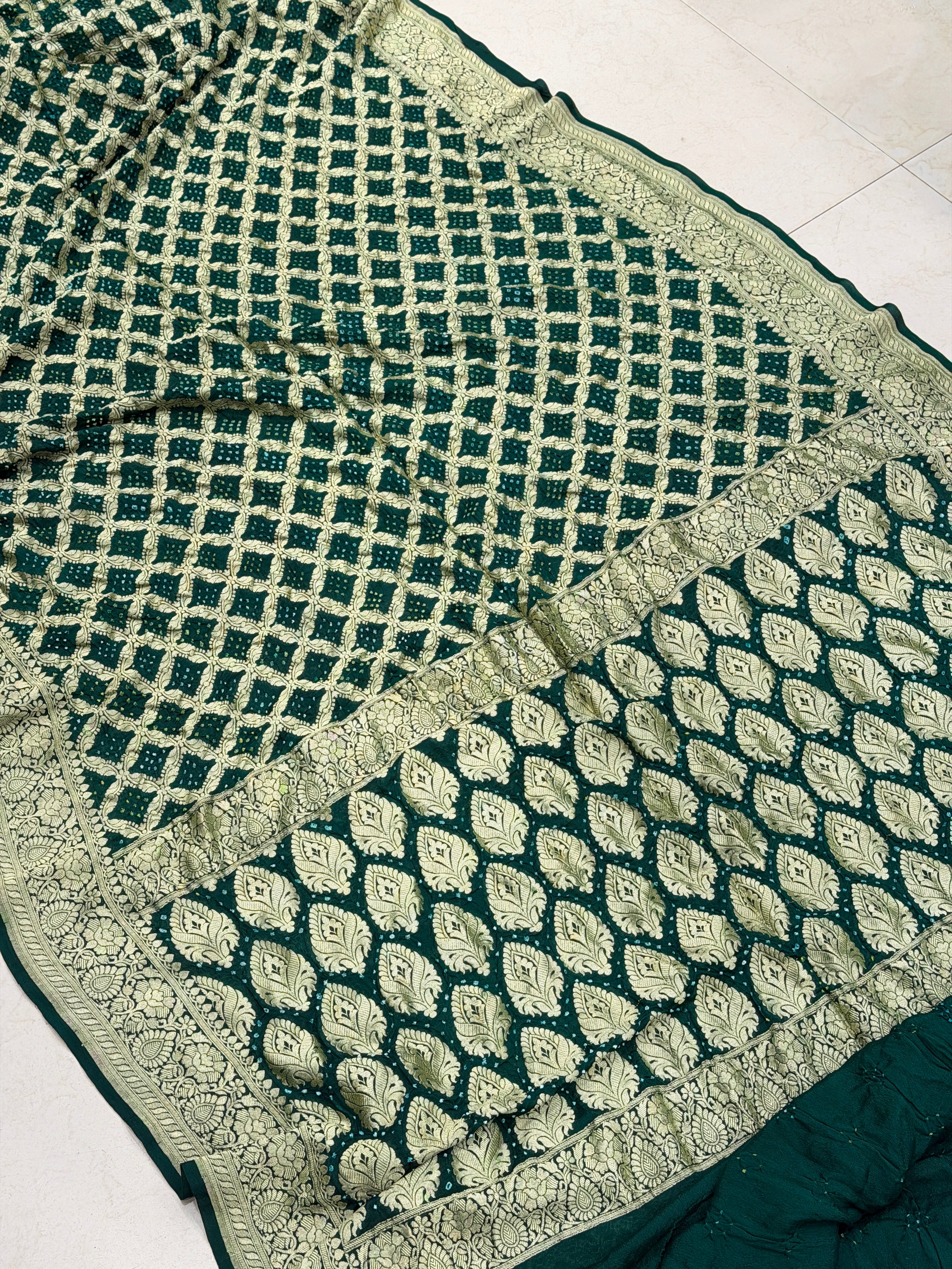 Bottle Green Georgette Handloom Bandhej Bandhini Saree