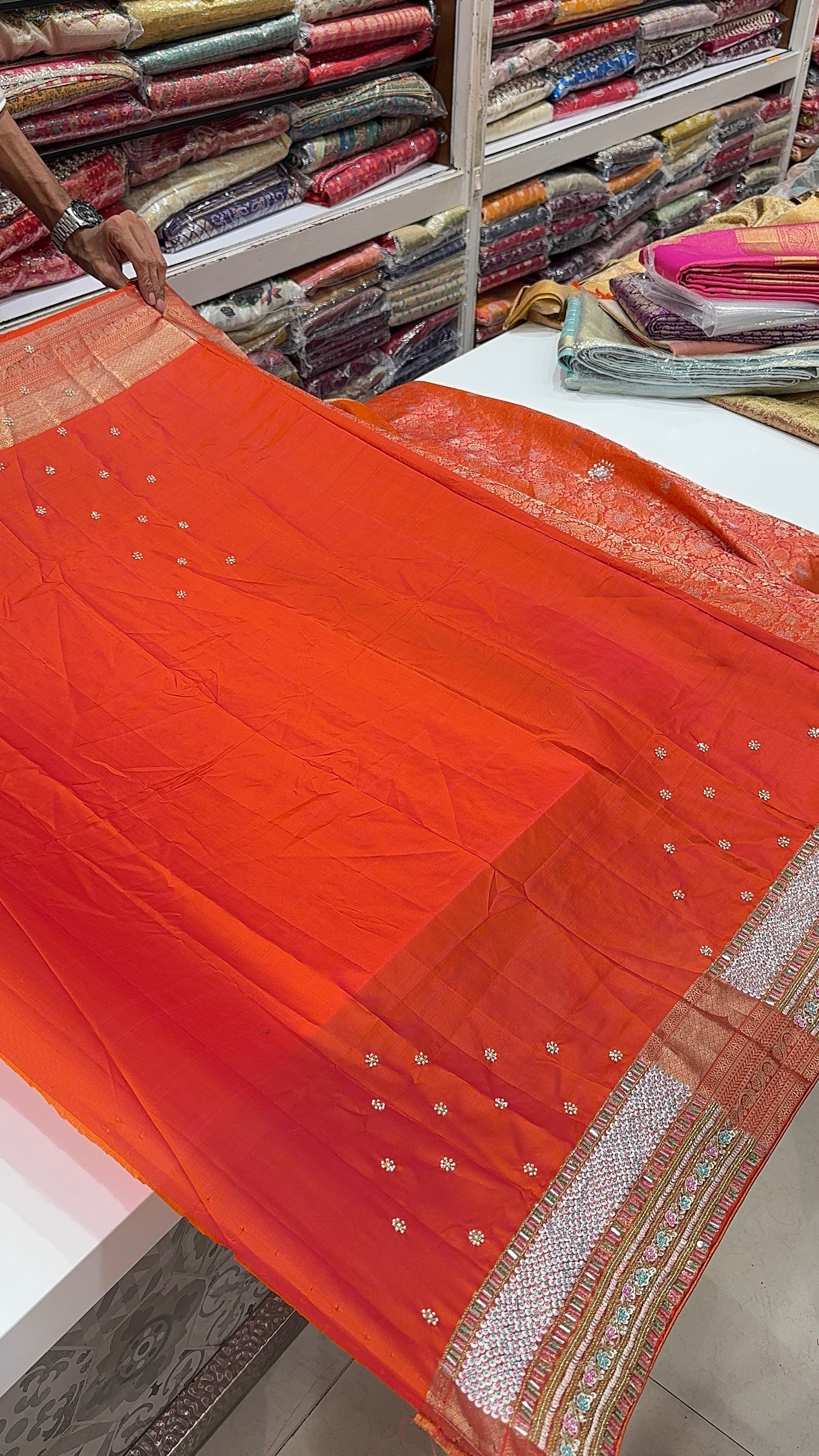 Rust Orange Kanjivaram Silk Hand Embroidery Saree