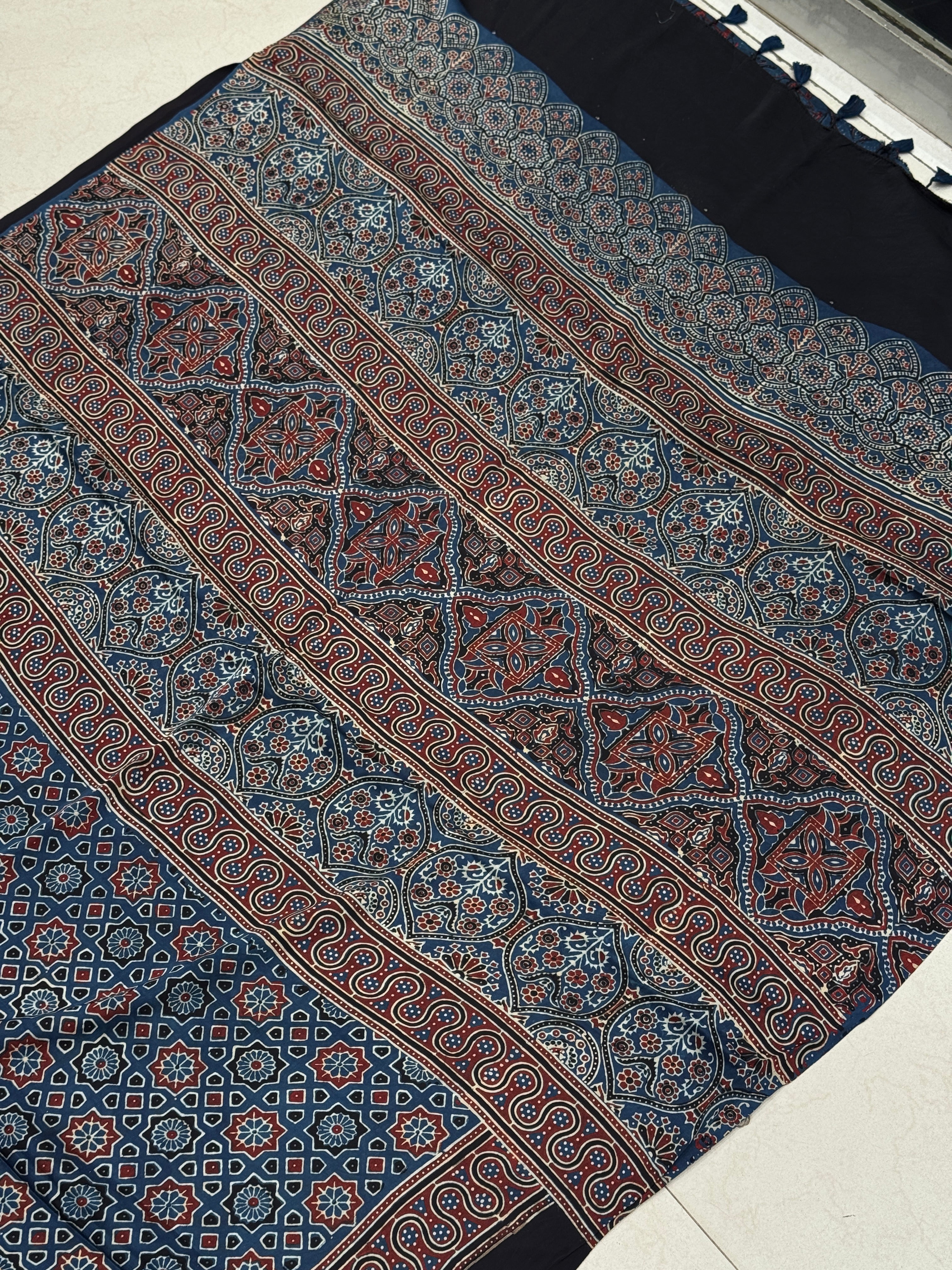 Blue Star Hand Block Print Ajrkah Pure Gajji Silk Saree