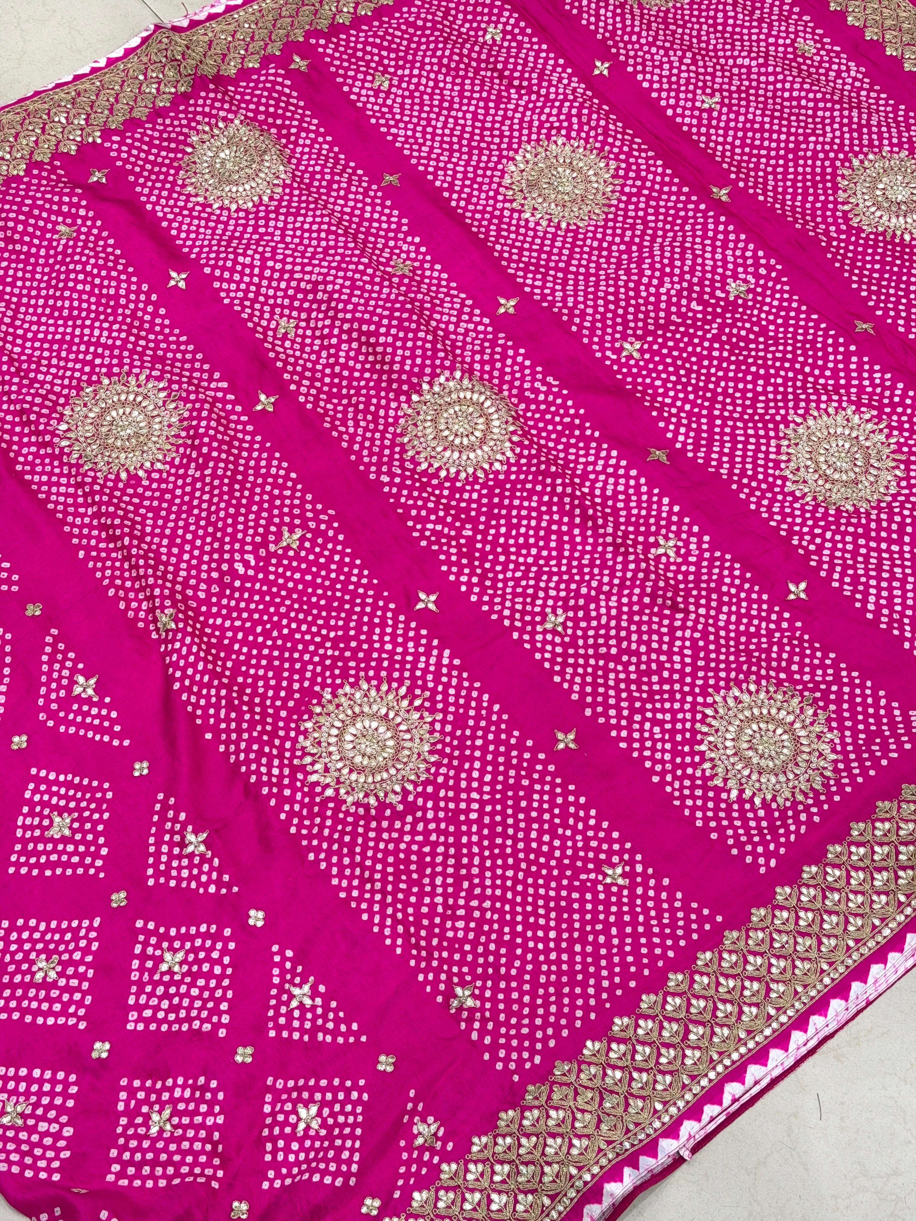 Rani Pink Gajji Silk Rai Bandhej Marodi Hand Embroidery Dabka Saree