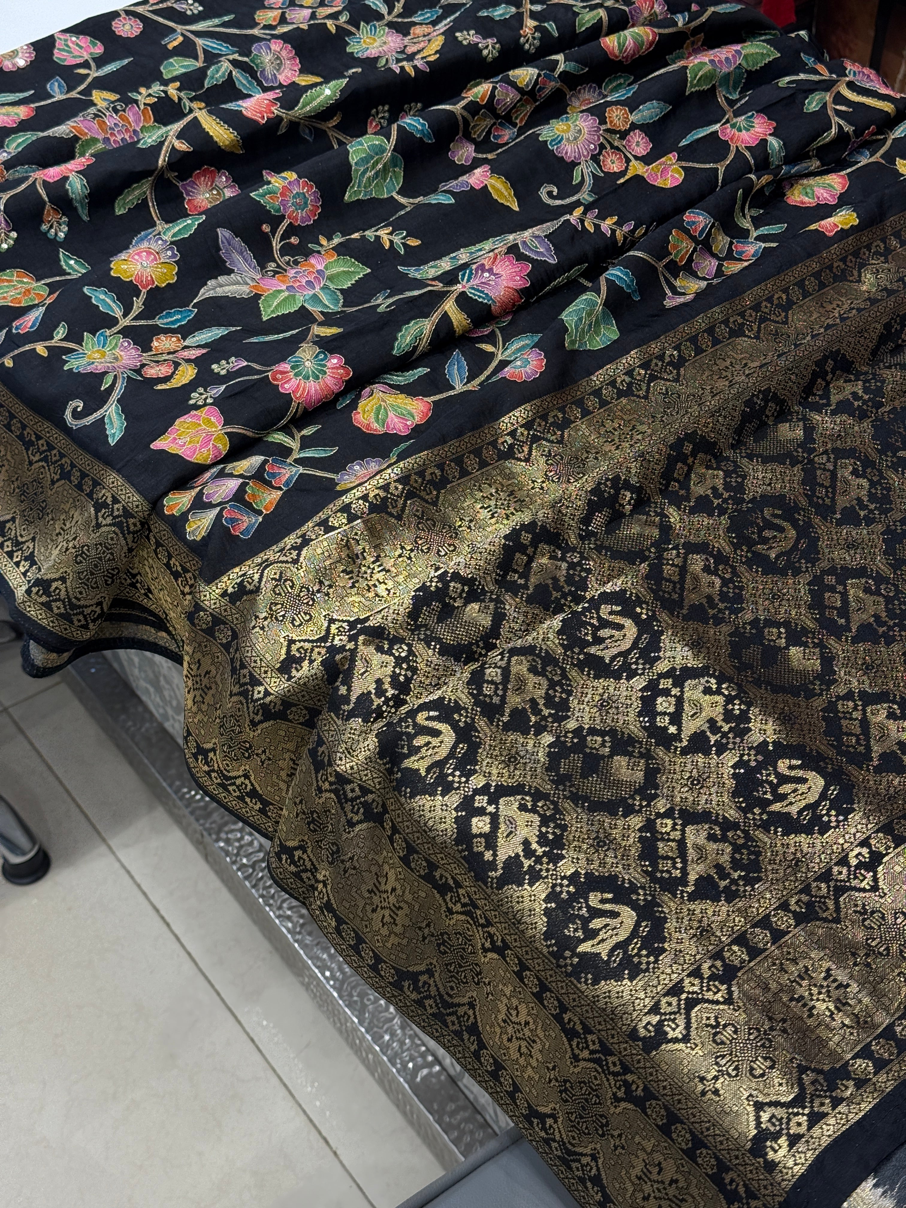 Black Banarasi Munga Silk Saree With Pita Embroidery