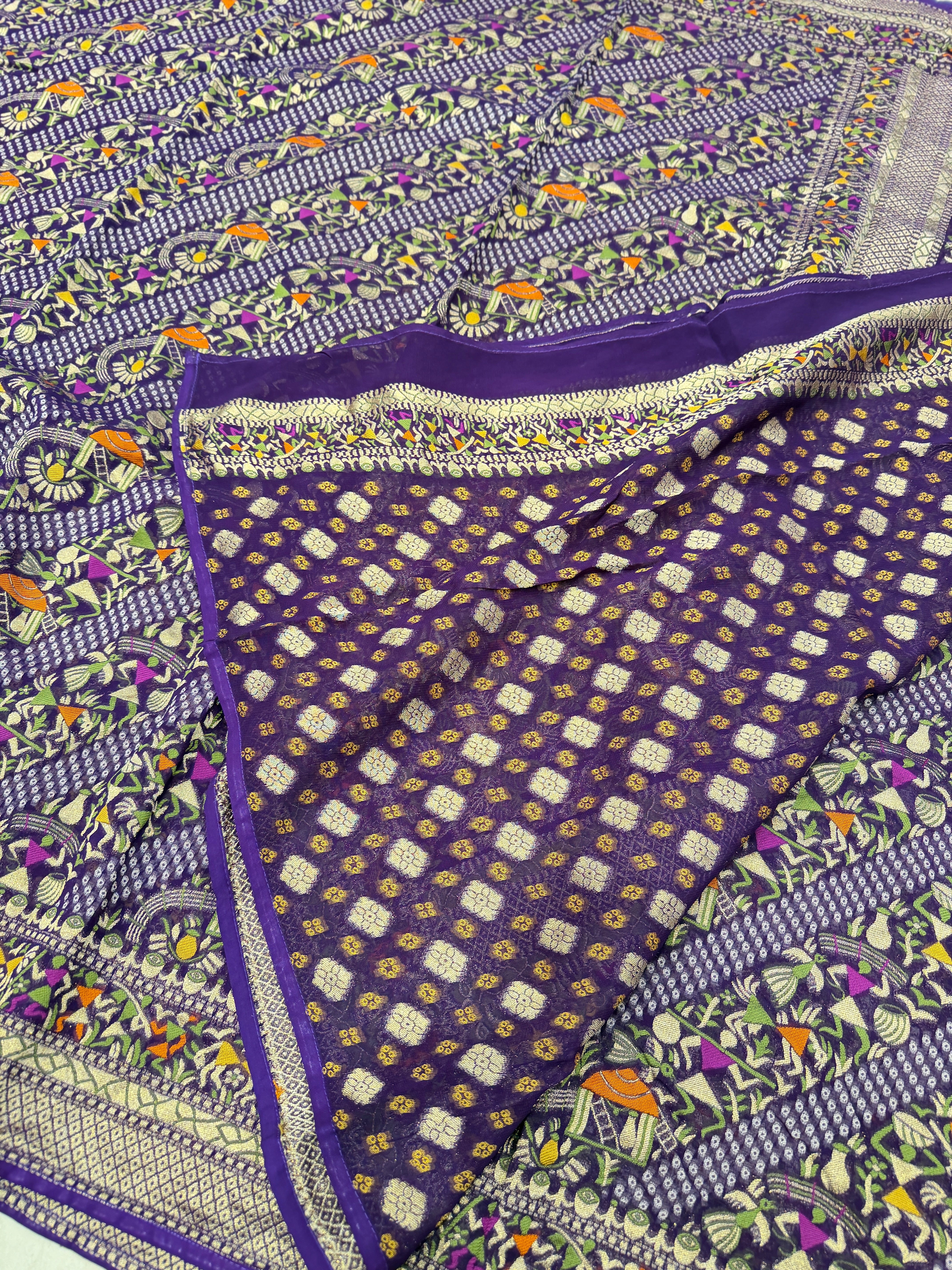 Violet Warli Style Woven Bandhej Georgette Saree