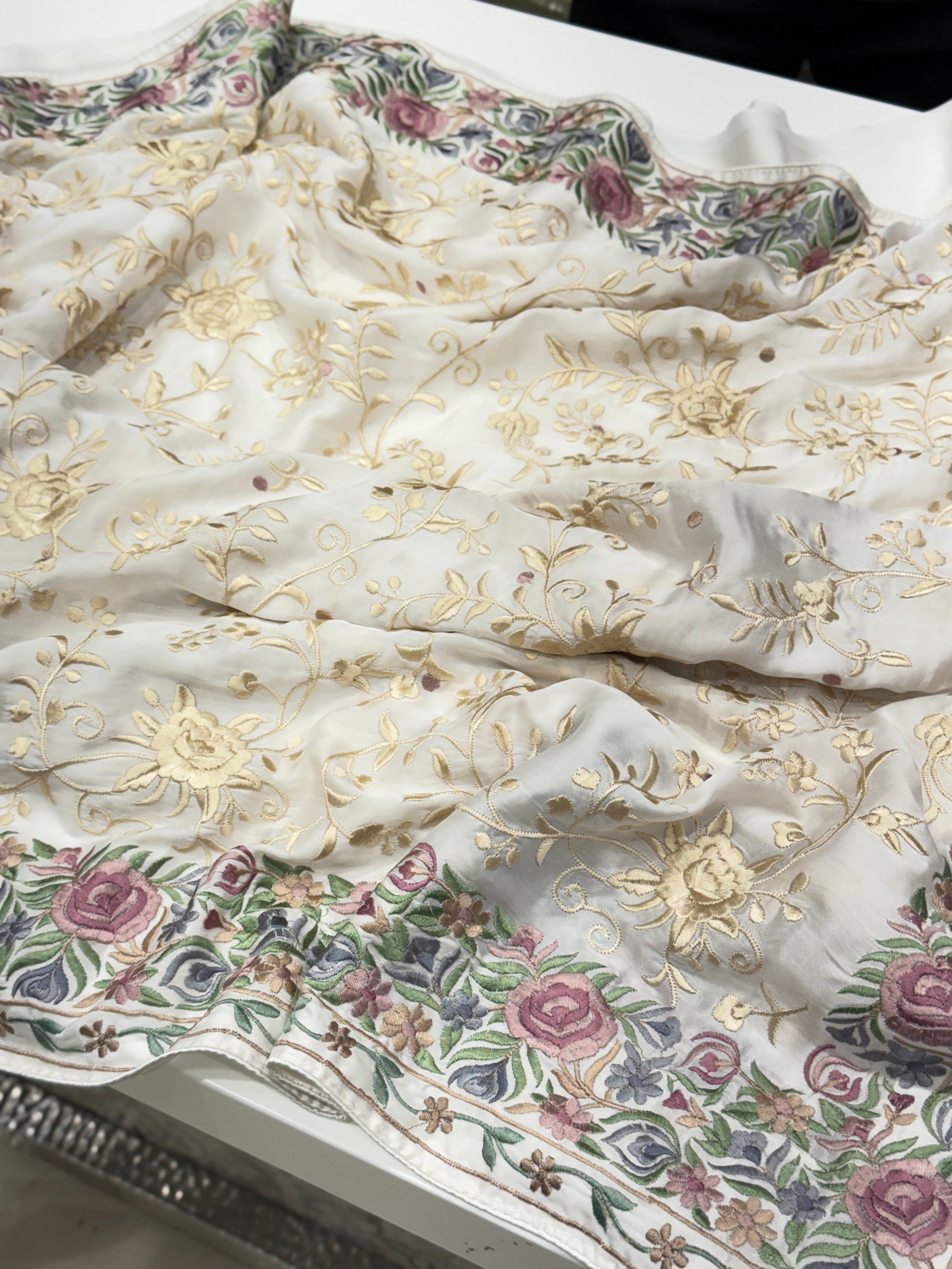 White Georgette Multi Colour Jaal Parsi Gara Saree