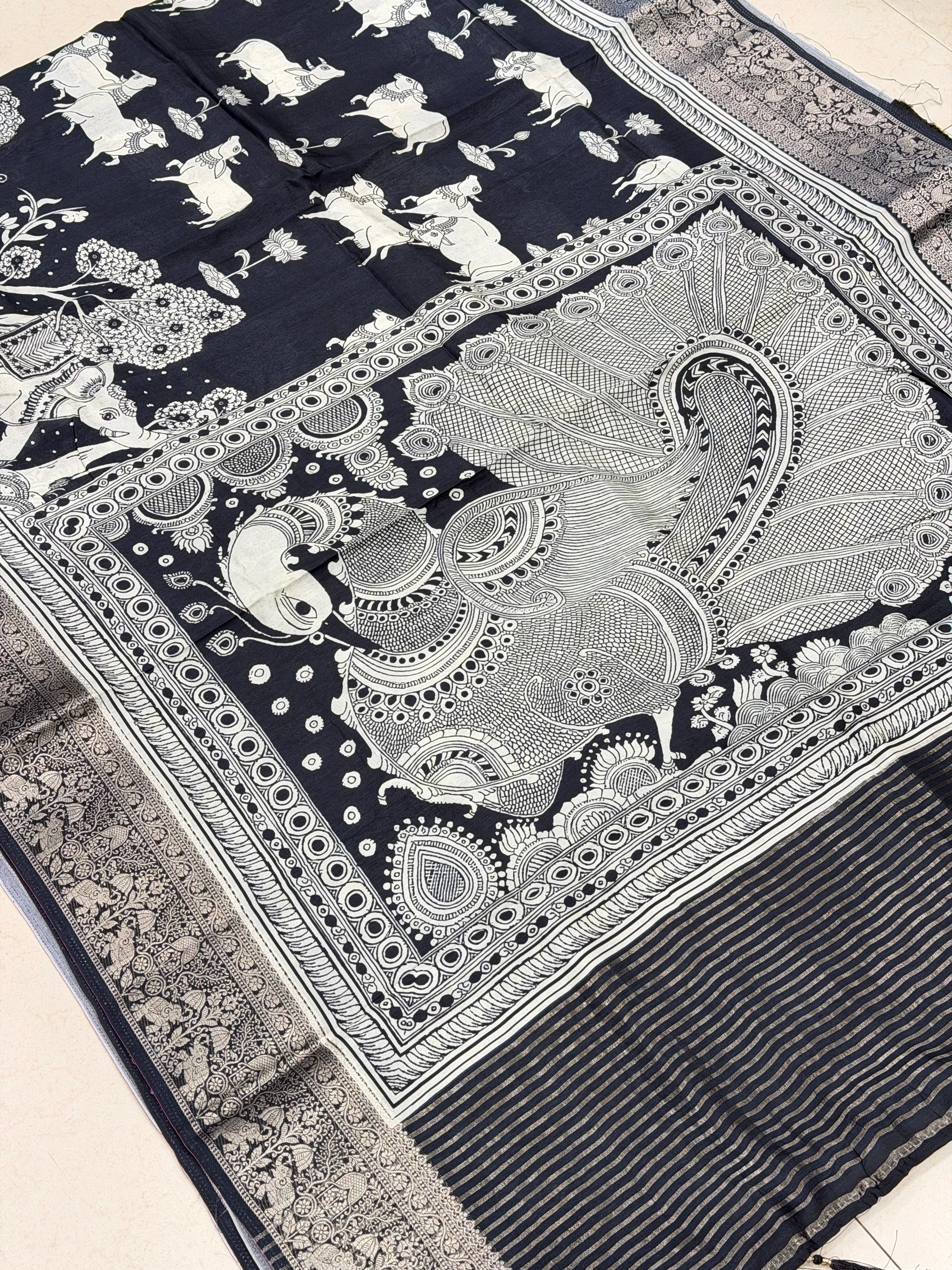 Black and White Printed Pichwai Munga Silk Saree