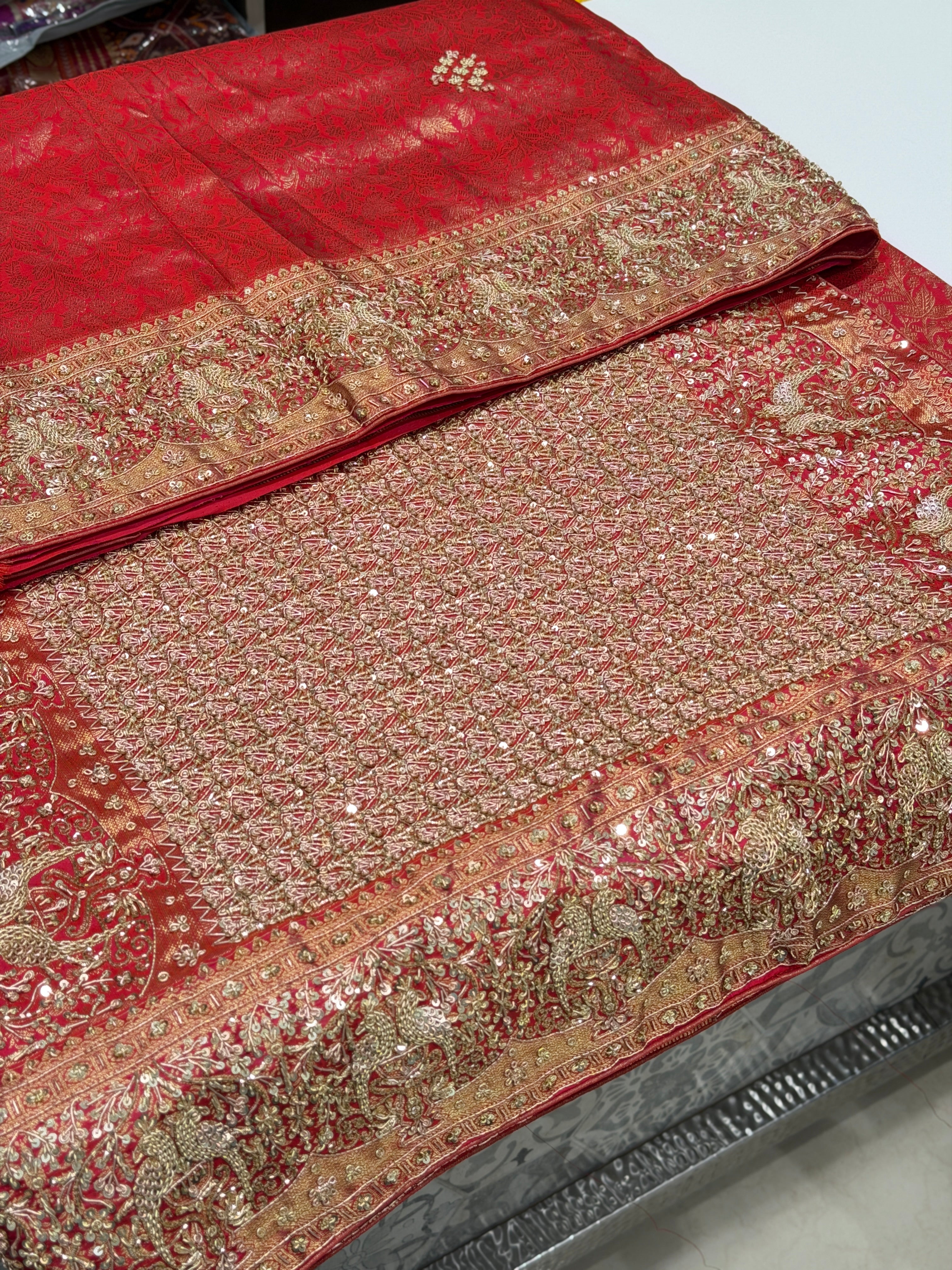 Crimson Kanjivaram Peacock Motifs Zardosi Hand Embroidery Jaal Saree