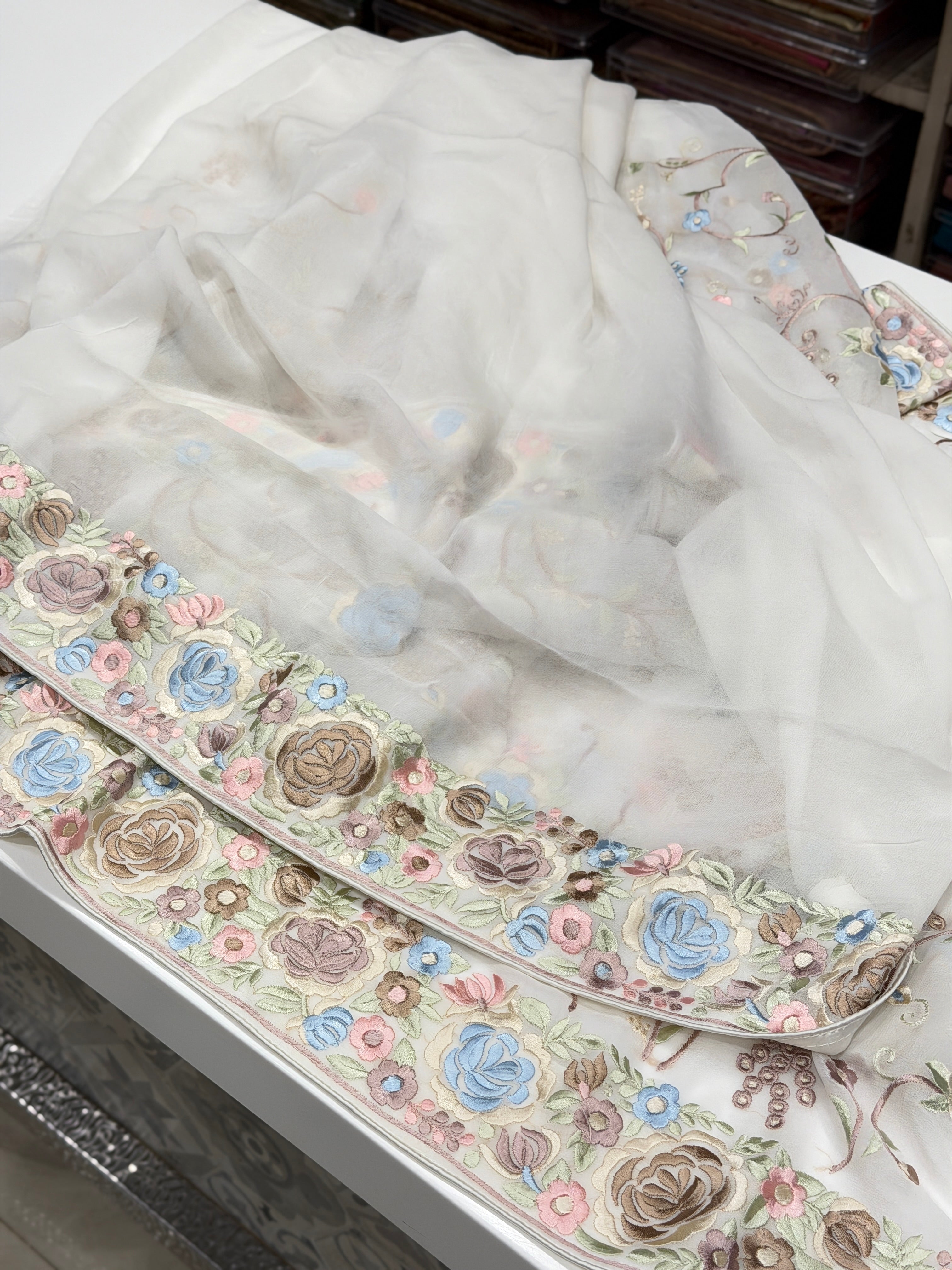 White Georgette Meenakari Floral Jaal Parsi Gara Saree