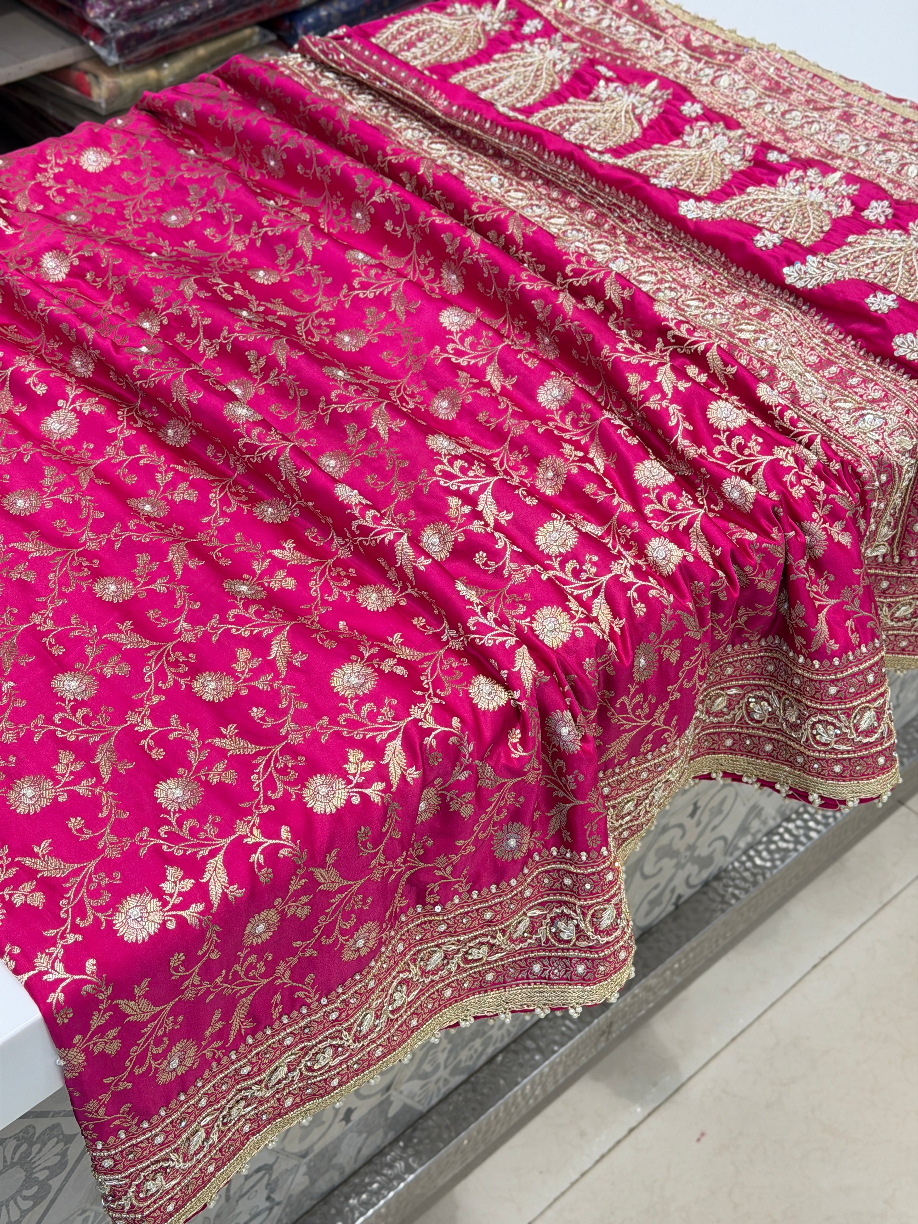 Rani Pink Banarasi Sona Roopa Jaal Zardosi Hand Embroidery Saree