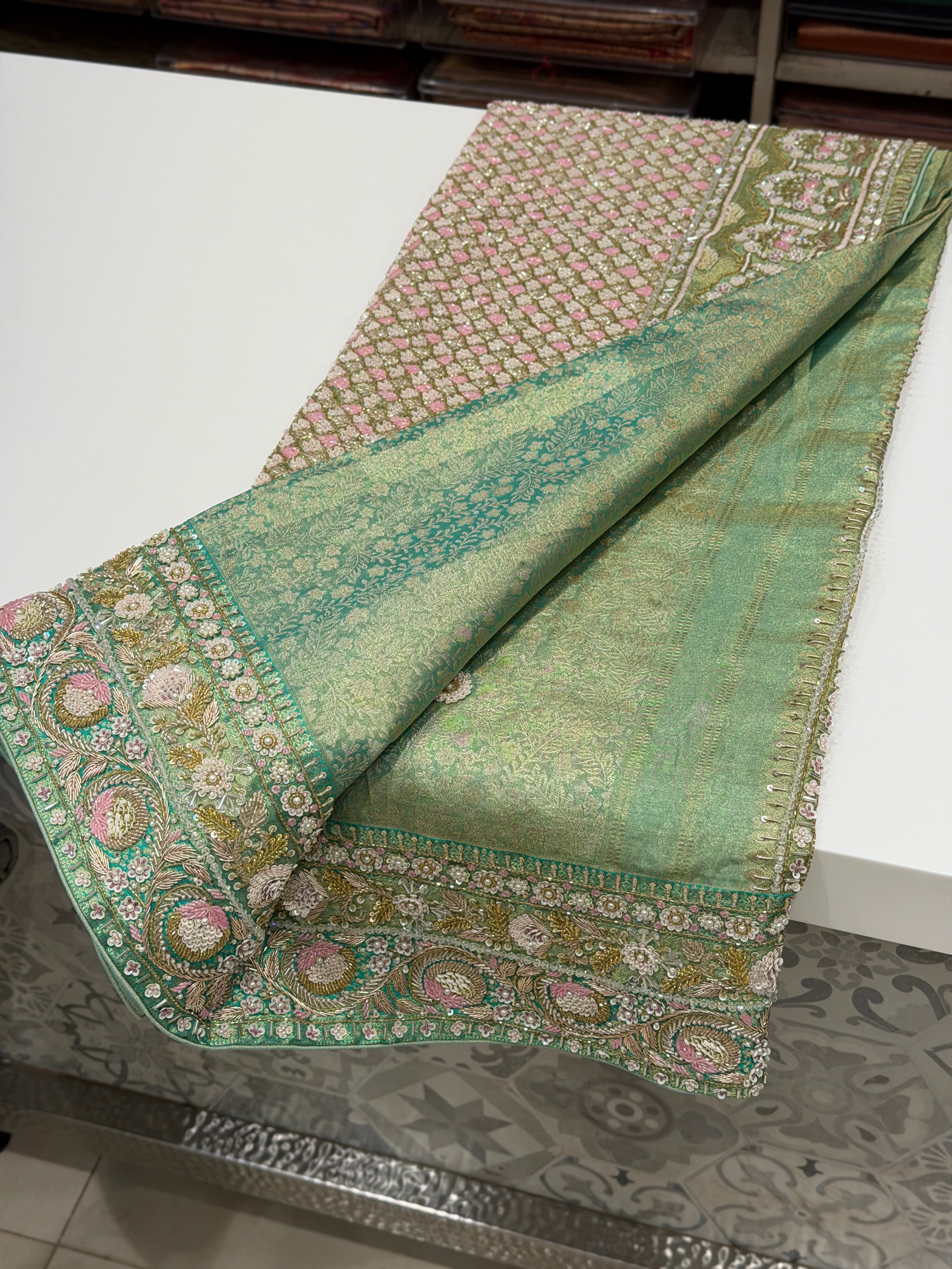 Pista Green Floral Tissue Kanjivaram Hand Embroidery Saree