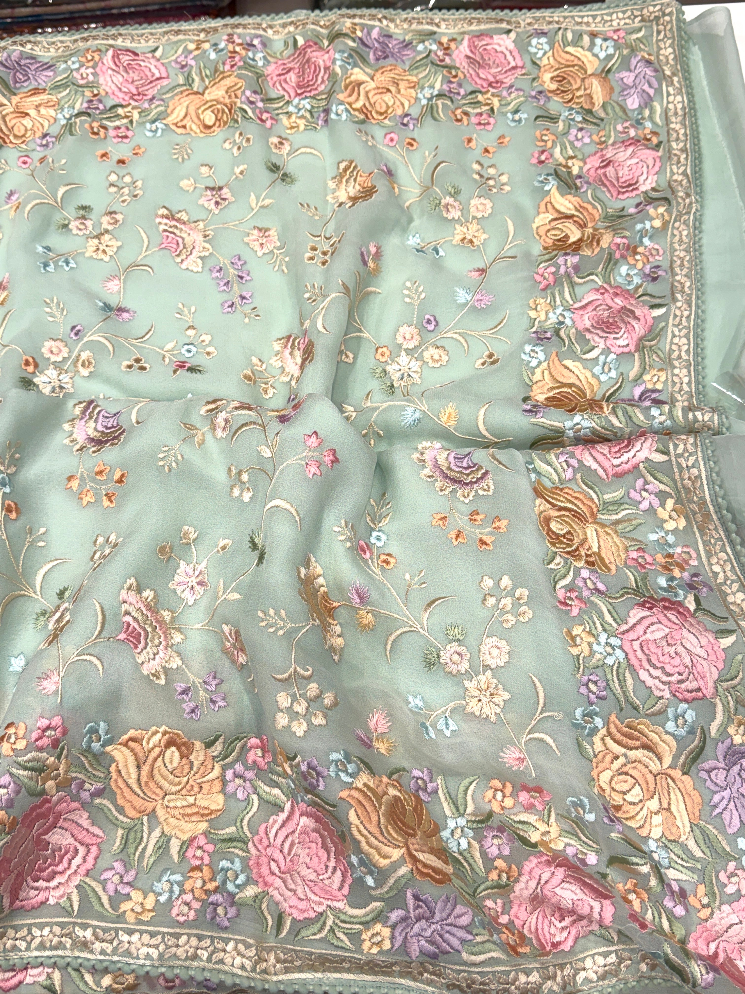 Sea Green Jaal Georgette Multi Colour Parsi Gara Saree