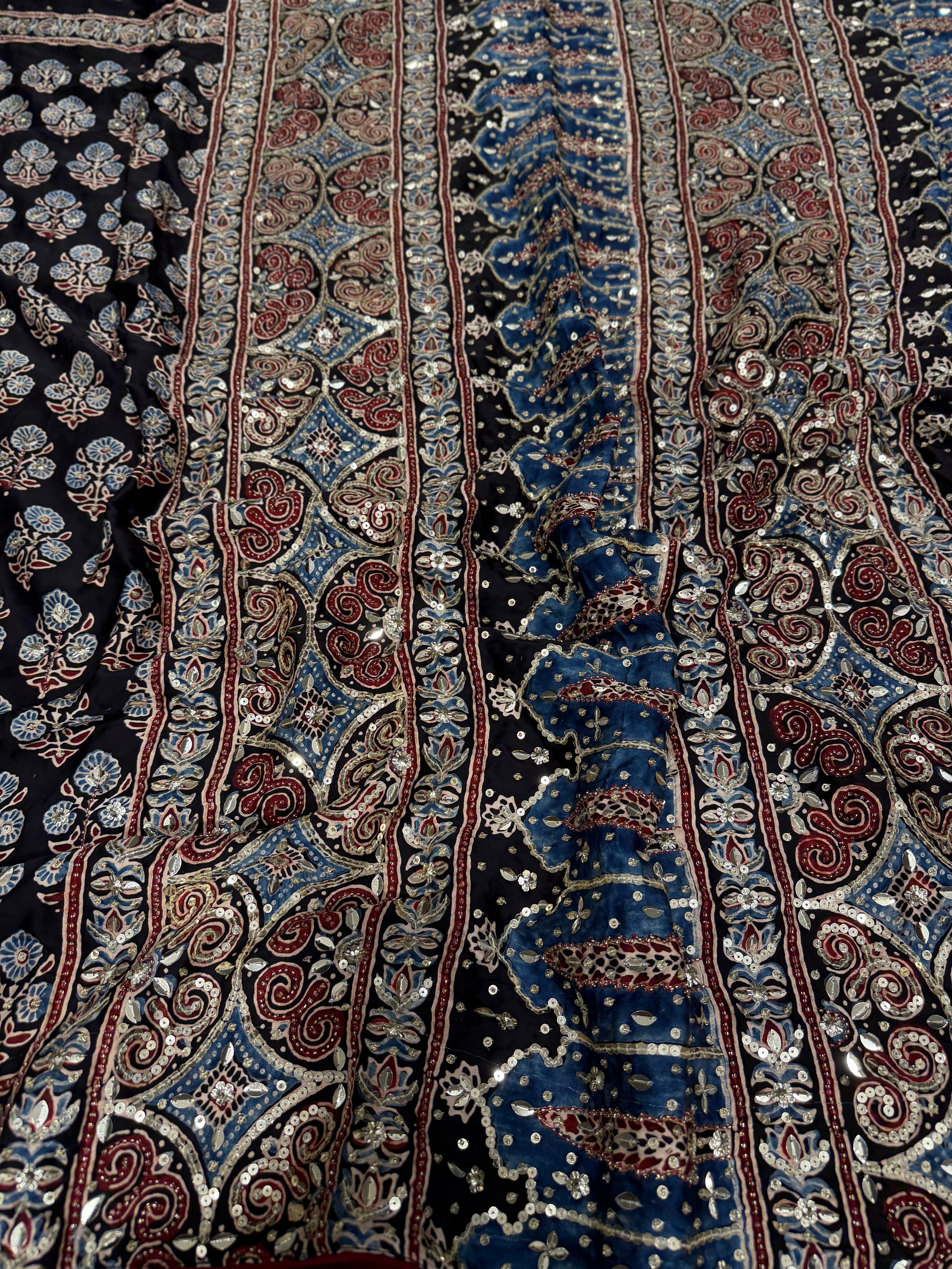 Black Butti Ajrakh Sequin Moti Hand Embroidery Saree